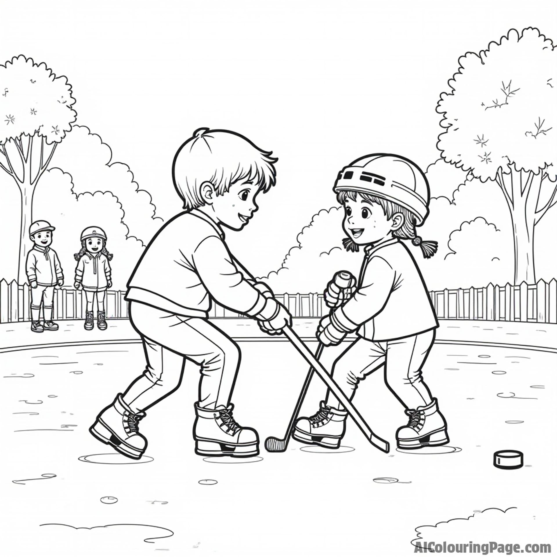 Two children playing street hockey, one dribbling the puck while the other prepares to shoot, surrounded by trees and other kids cheering them on.