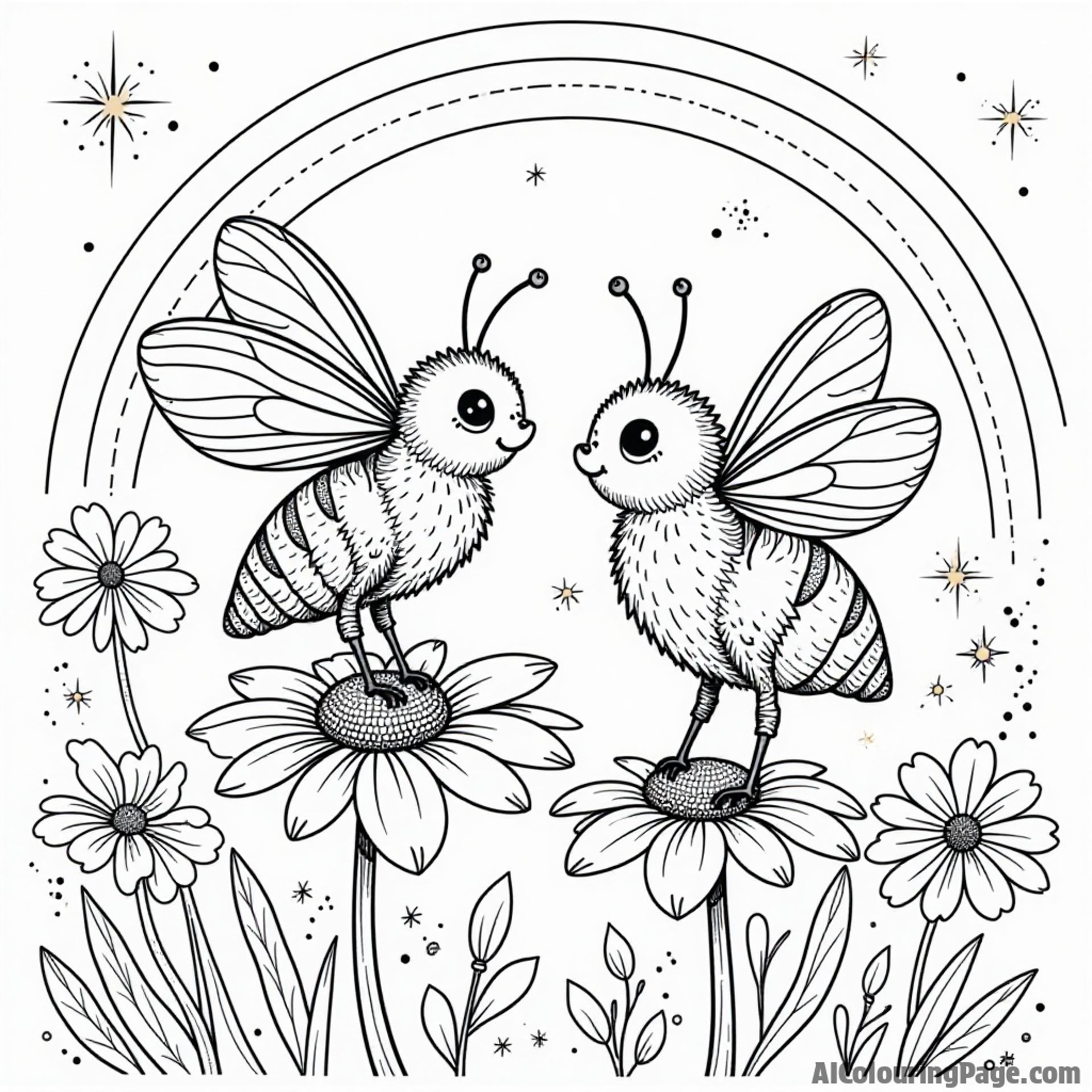 A bee and a butterfly sharing a dance on a flower petal, with a rainbow and sparkles in the background.