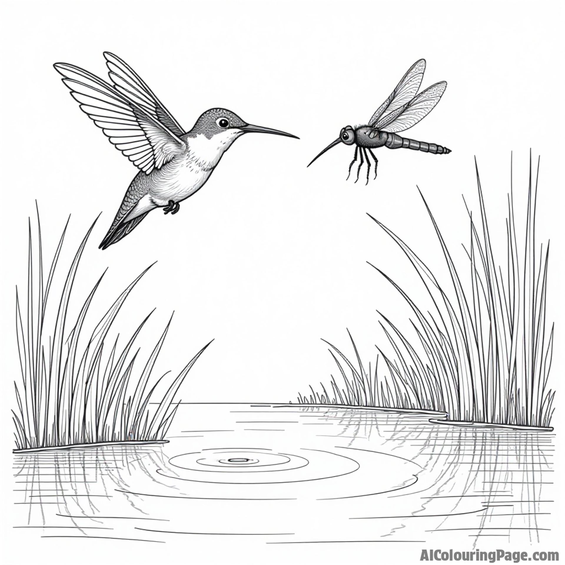 A hummingbird and a dragonfly racing above a peaceful pond with rippling water reflections.