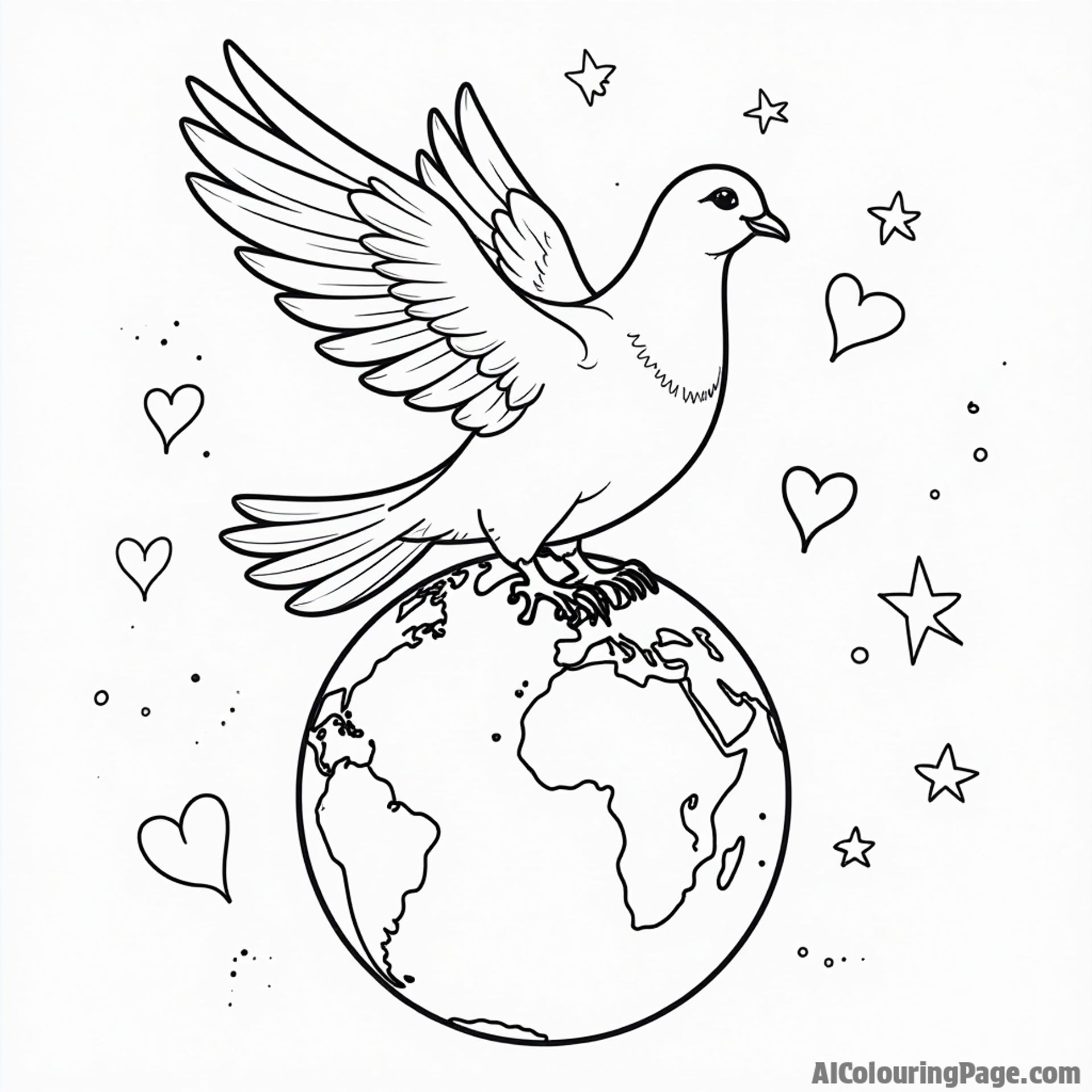 A dove standing proudly on a globe, representing peace around the world, with stars and hearts around it.
