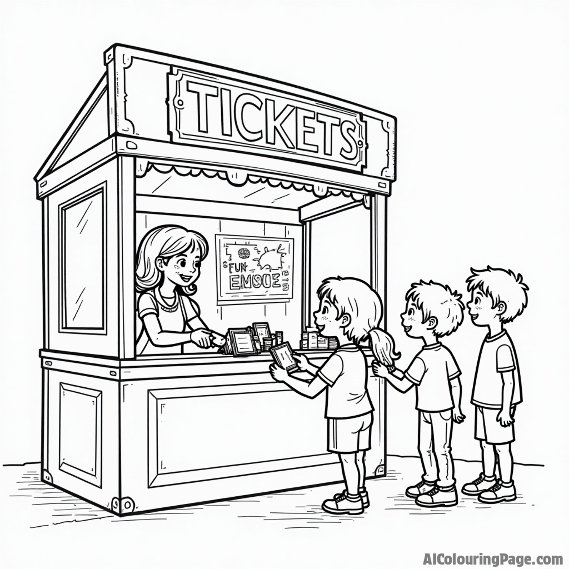 A bright and cheerful ticket booth with colorful tickets being handed out, excited kids waiting in line, creating a fun coloring page for Festivals and Traditions.