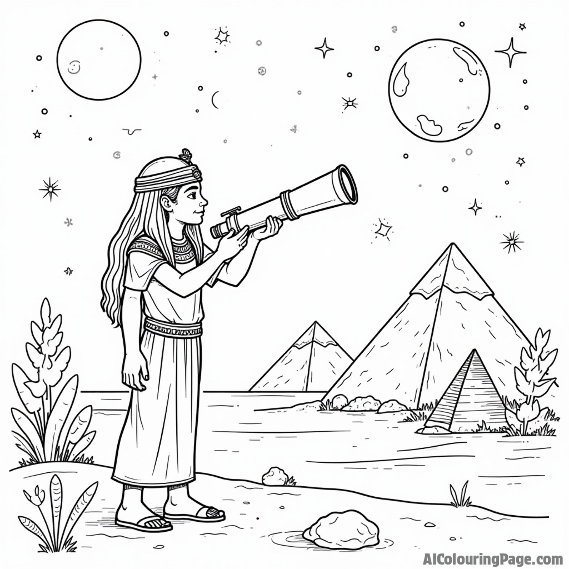 An ancient Egyptian astronomer observing the stars with a telescope, surrounded by celestial symbols and pyramids, inspiring children's curiosity about astronomy and its significance in ancient Egyptian culture.