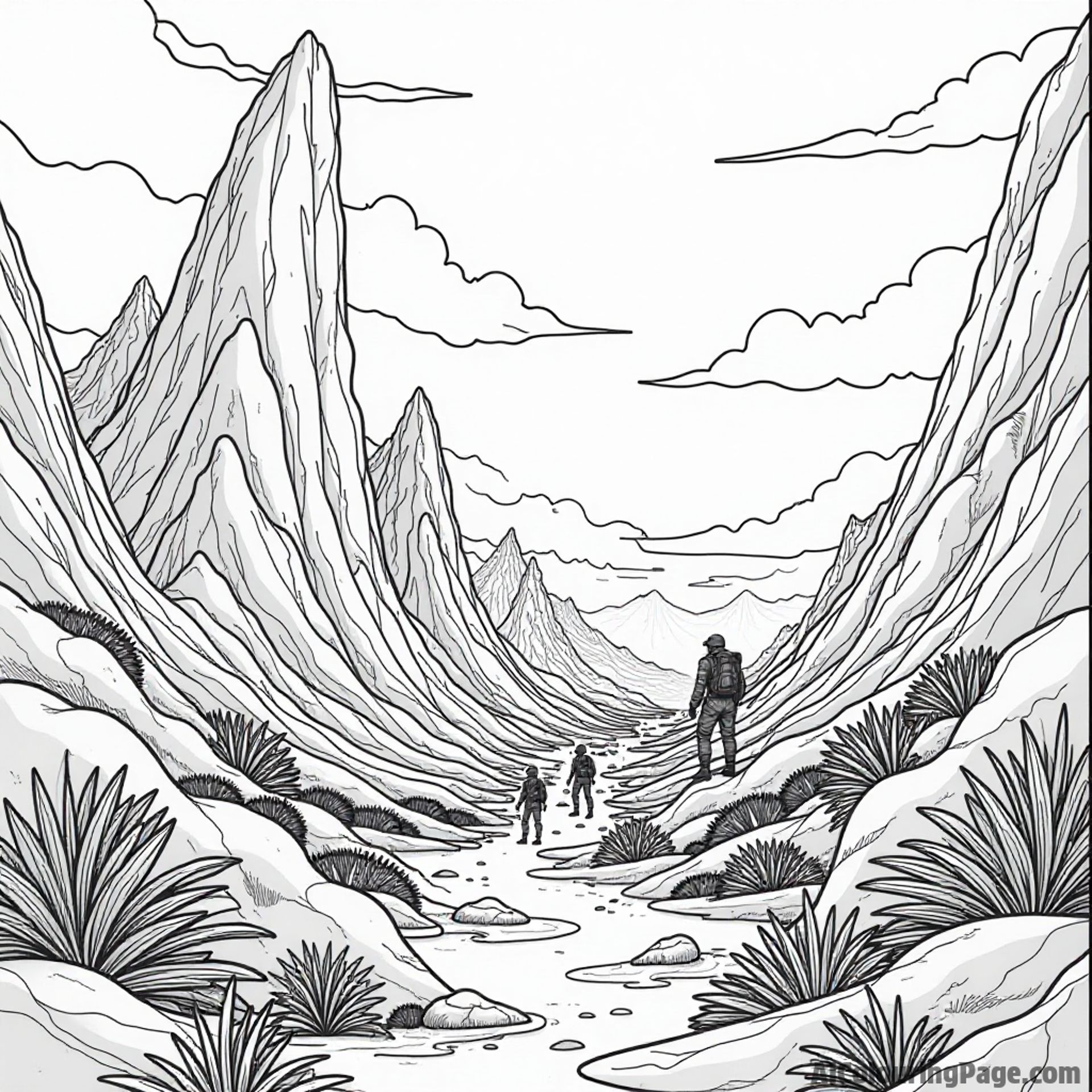 A mysterious alien landscape filled with towering rock formations and glowing plants, with a small group of explorers venturing through.