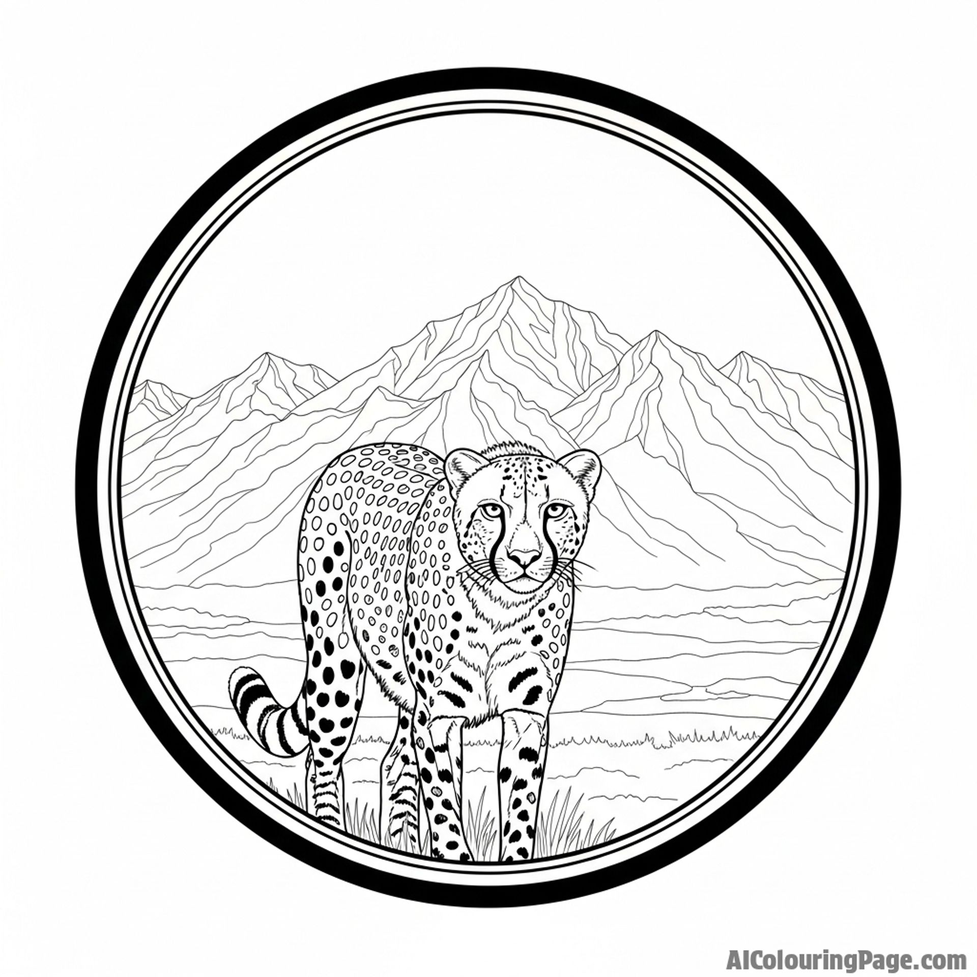 A shot through a telephoto lens, compressing the distance between a cheetah and a distant mountain range.