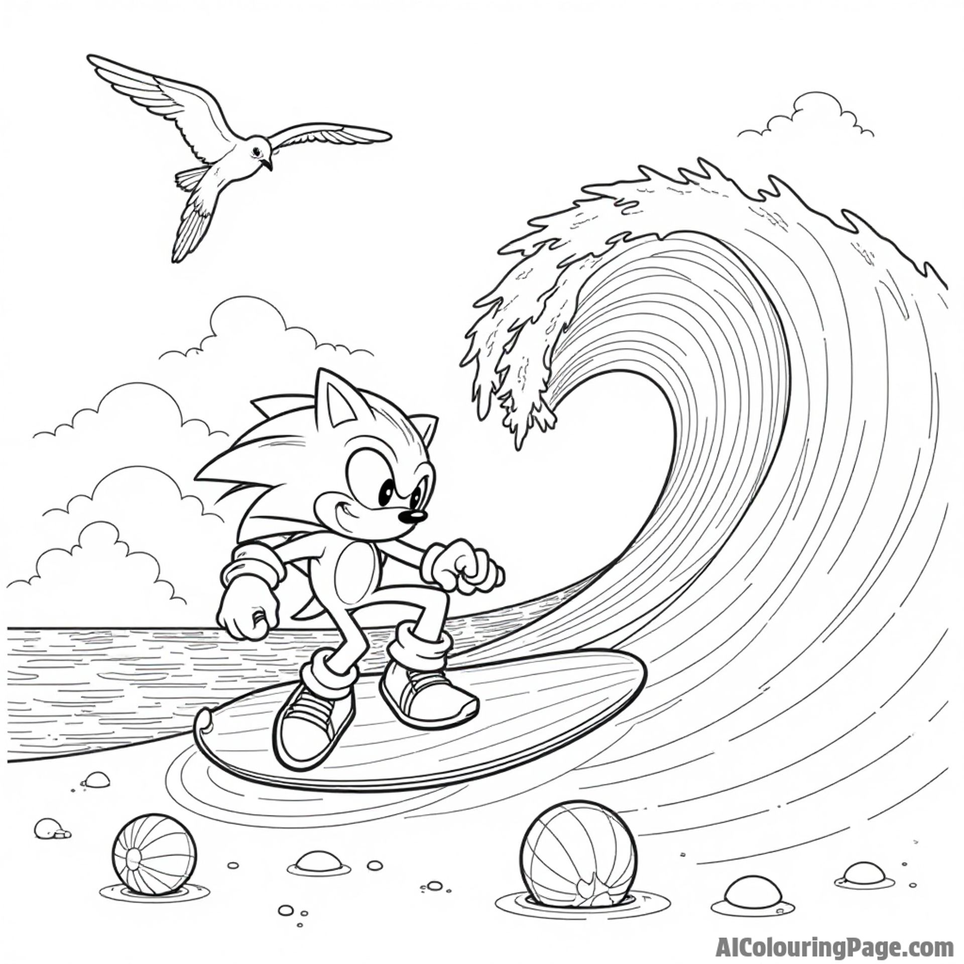 Sonic surfing on a giant wave at the beach, seagulls flying overhead, and beach balls scattered in the sand nearby.