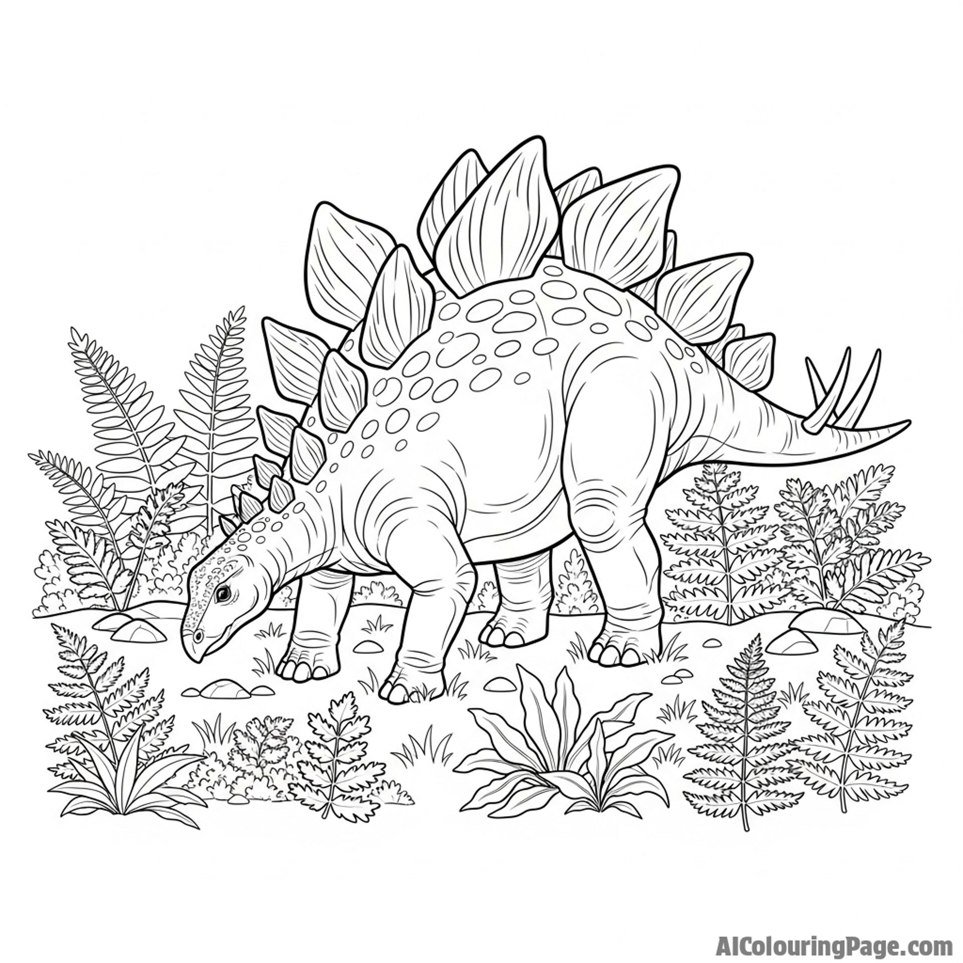 A stegosaurus with its iconic plates, grazing in a fern-filled valley