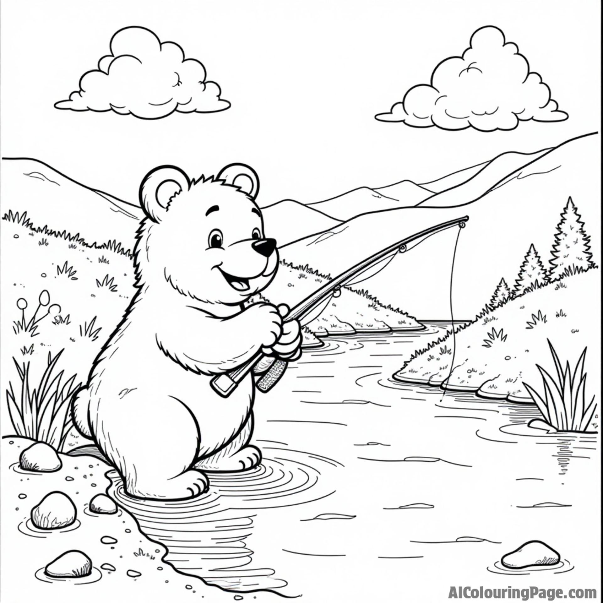 A friendly bear fishing in a river with a backdrop of rolling hills and fluffy clouds, ideal for creative coloring adventures.