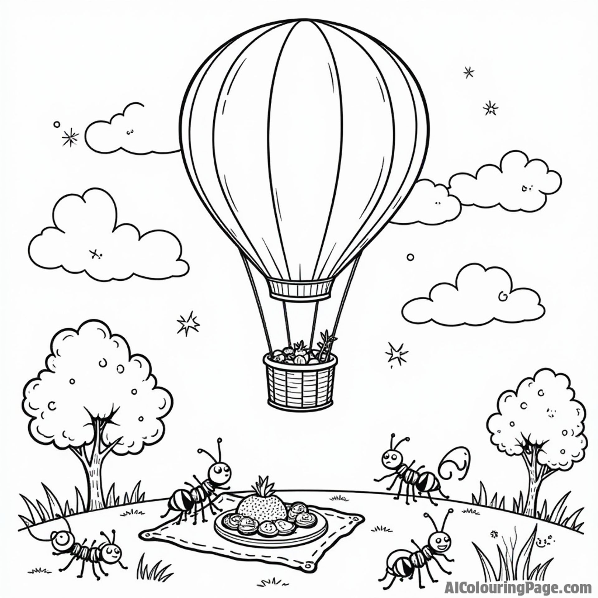 A hot air balloon with balloons shaped like fruits, floating over a picnic scene with ants carrying food, perfect for little adventurers eager to color and explore.