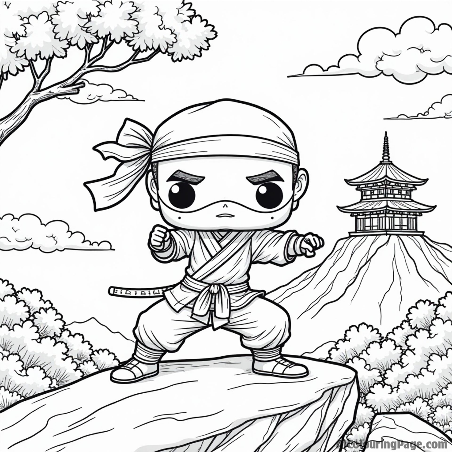A Funko Pop ninja practicing martial arts on a mountaintop, with cherry blossom trees and a distant temple, offering a fun and adventurous coloring page for children to enjoy.