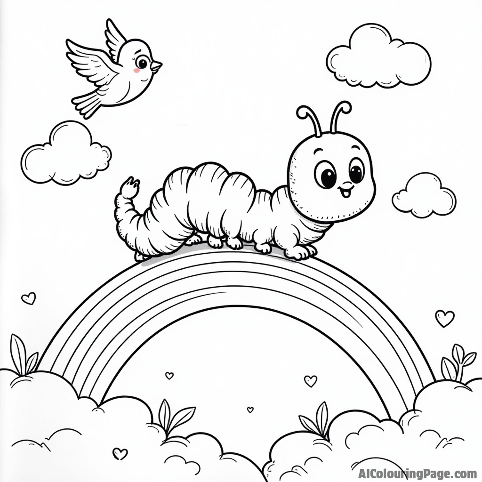 A cartoonish caterpillar sliding down a rainbow with playful birds flying above and fluffy clouds surrounding the scene.