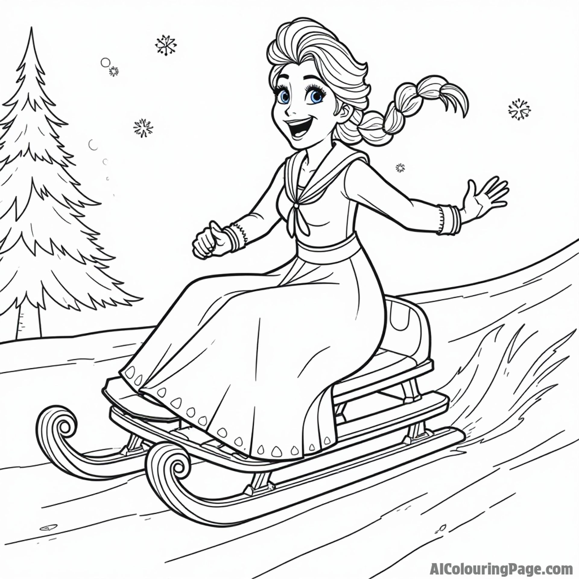 Elsa riding a sled down a snowy hill with laughter