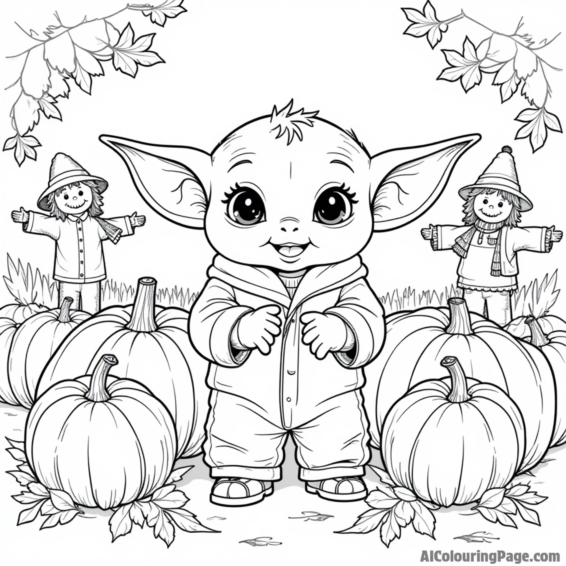 Baby Yoda exploring a pumpkin patch surrounded by scarecrows and autumn leaves