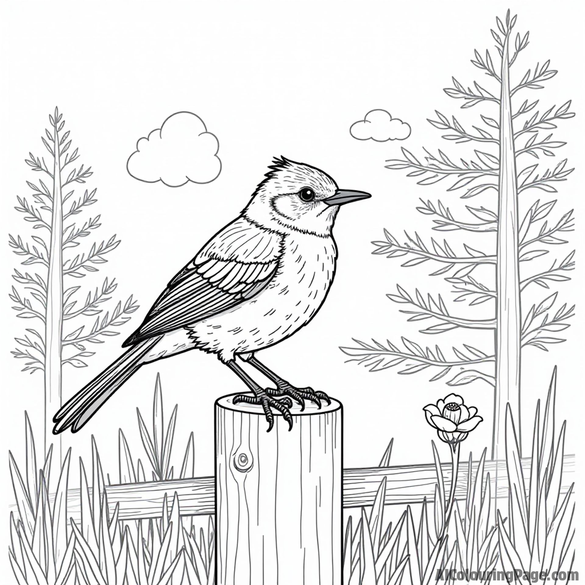 An adorable Carolina wren perched on a fence post, with a backdrop of pine trees and wildflowers typical of South Carolina.