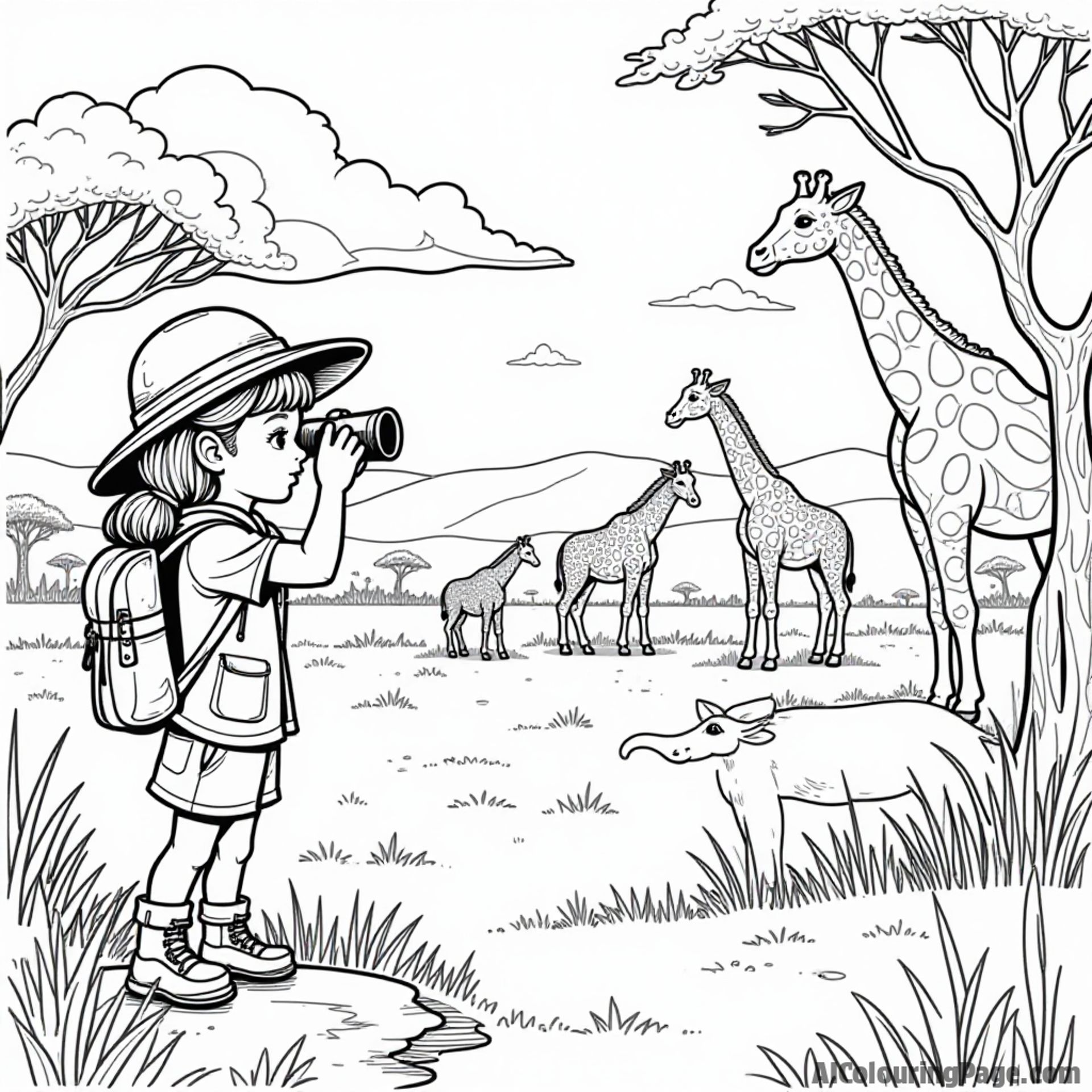 A little girl wearing an explorer hat, surrounded by friendly animals in a savanna, looking through binoculars at a distant herd of giraffes for a wildlife exploration coloring page.