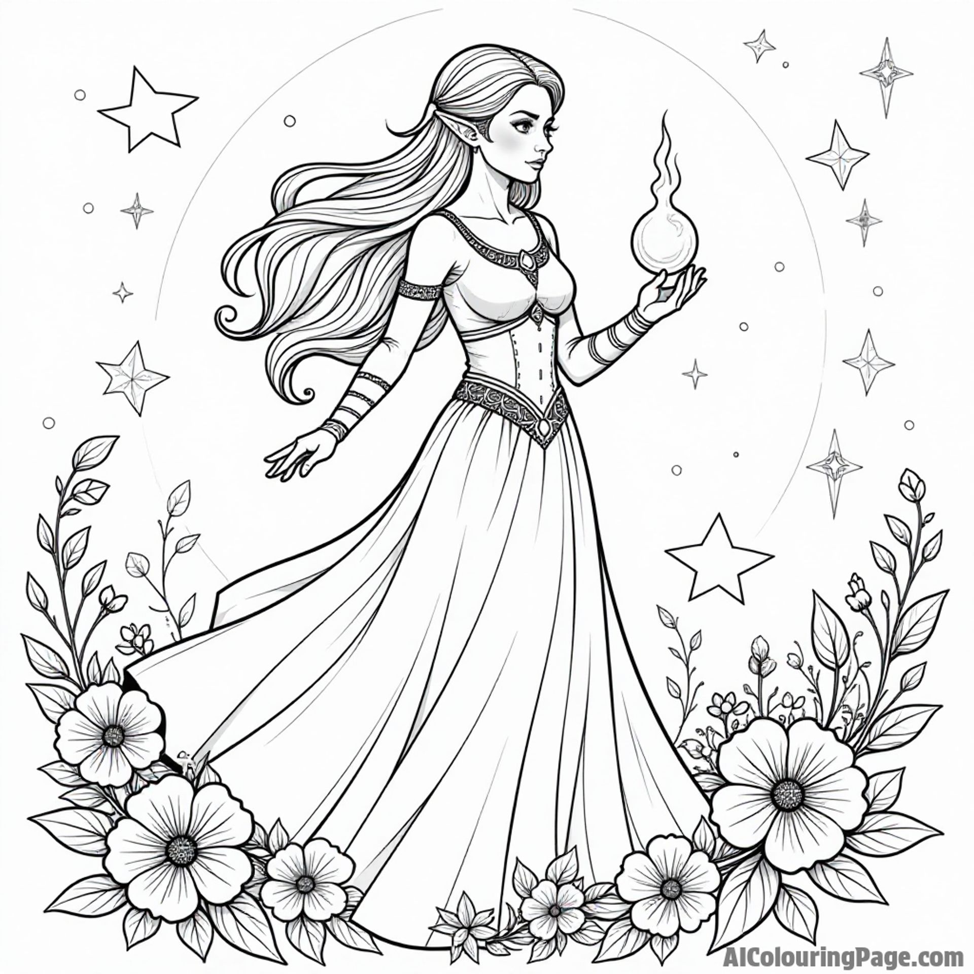 Zelda in a flowing gown holding a glowing orb, surrounded by swirling wind, flowers, and a backdrop of stars