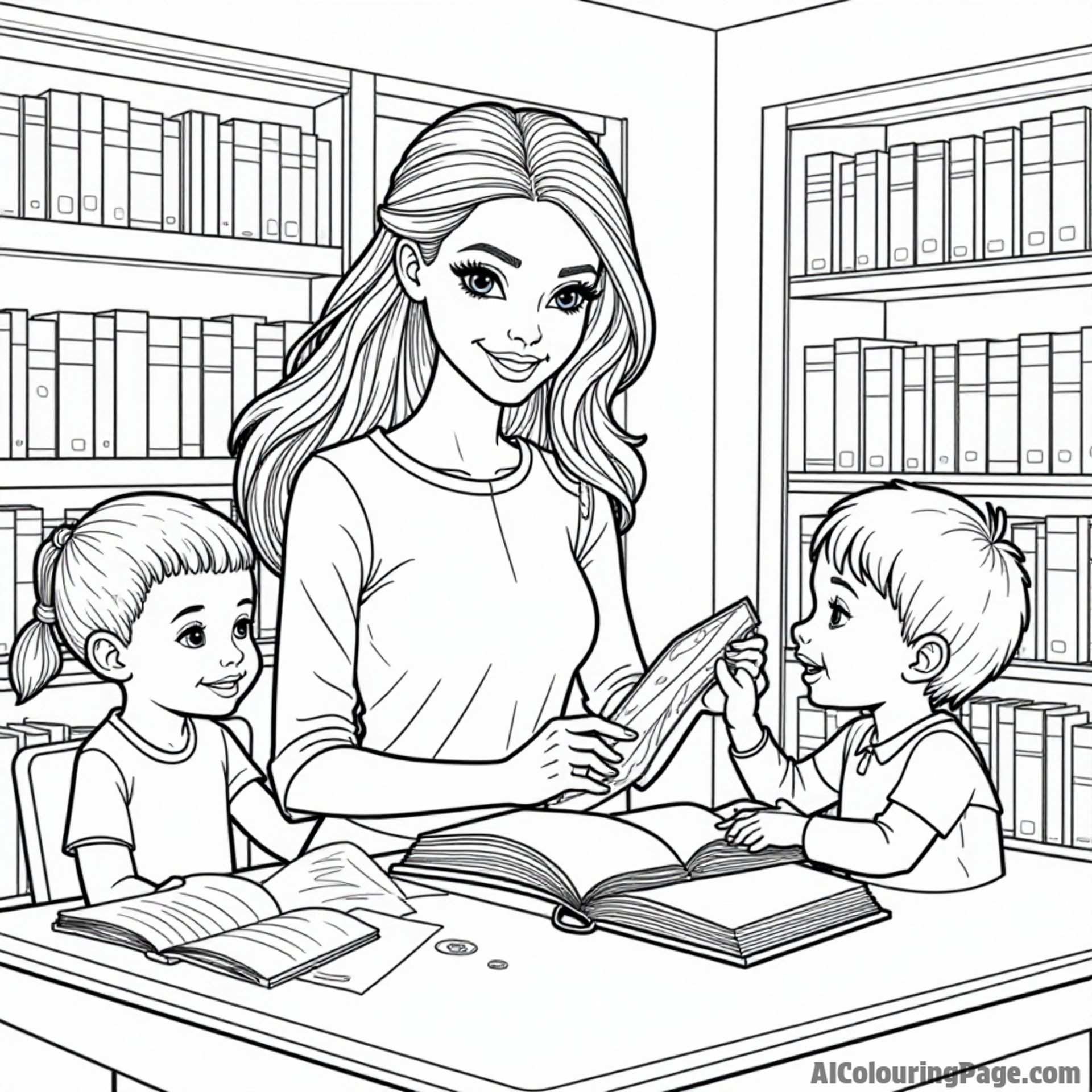 Barbie as a librarian helping children with books, surrounded by shelves, desks, and kids excited to read.