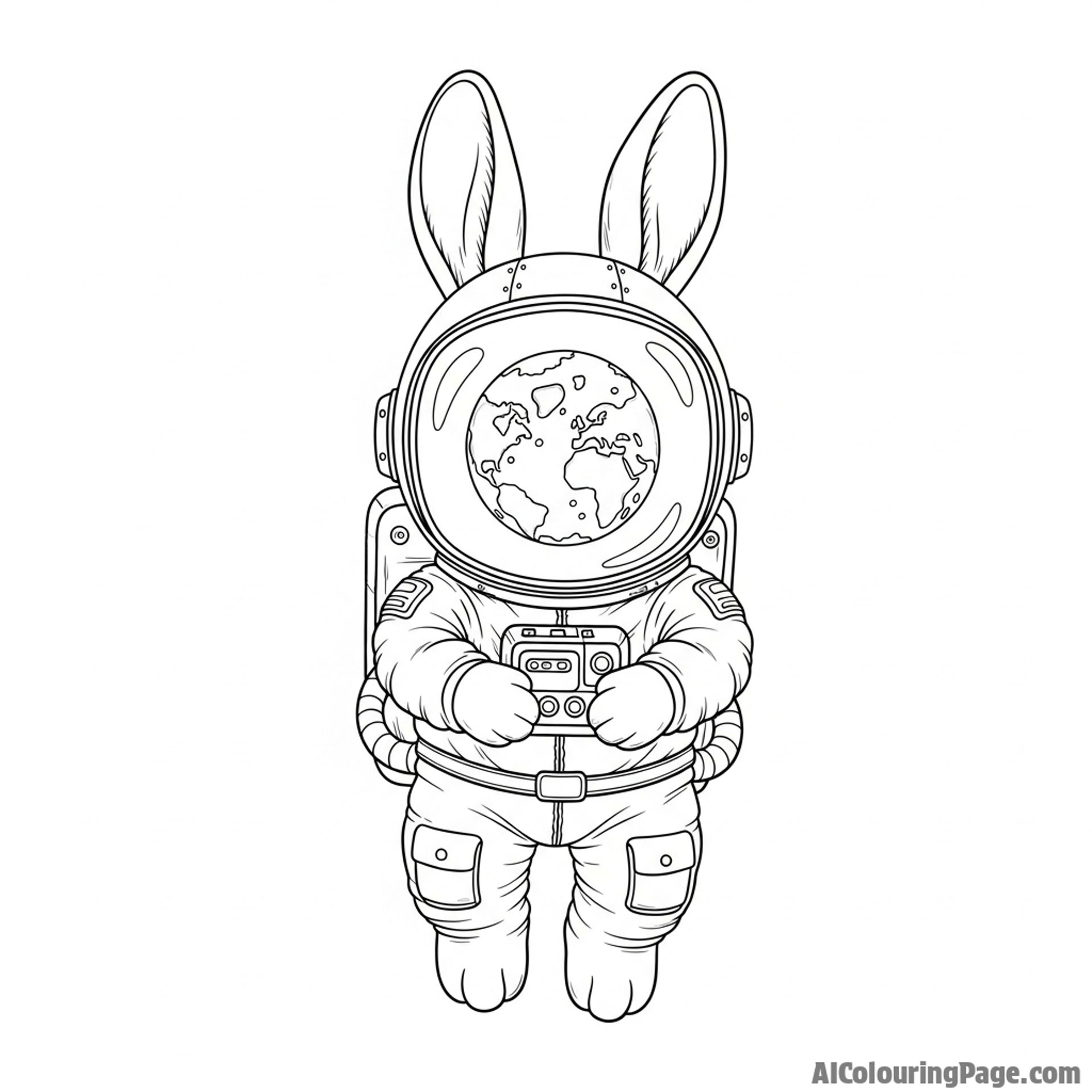 An astronaut rabbit floating serenely in zero gravity, a tiny planet visible through the visor.