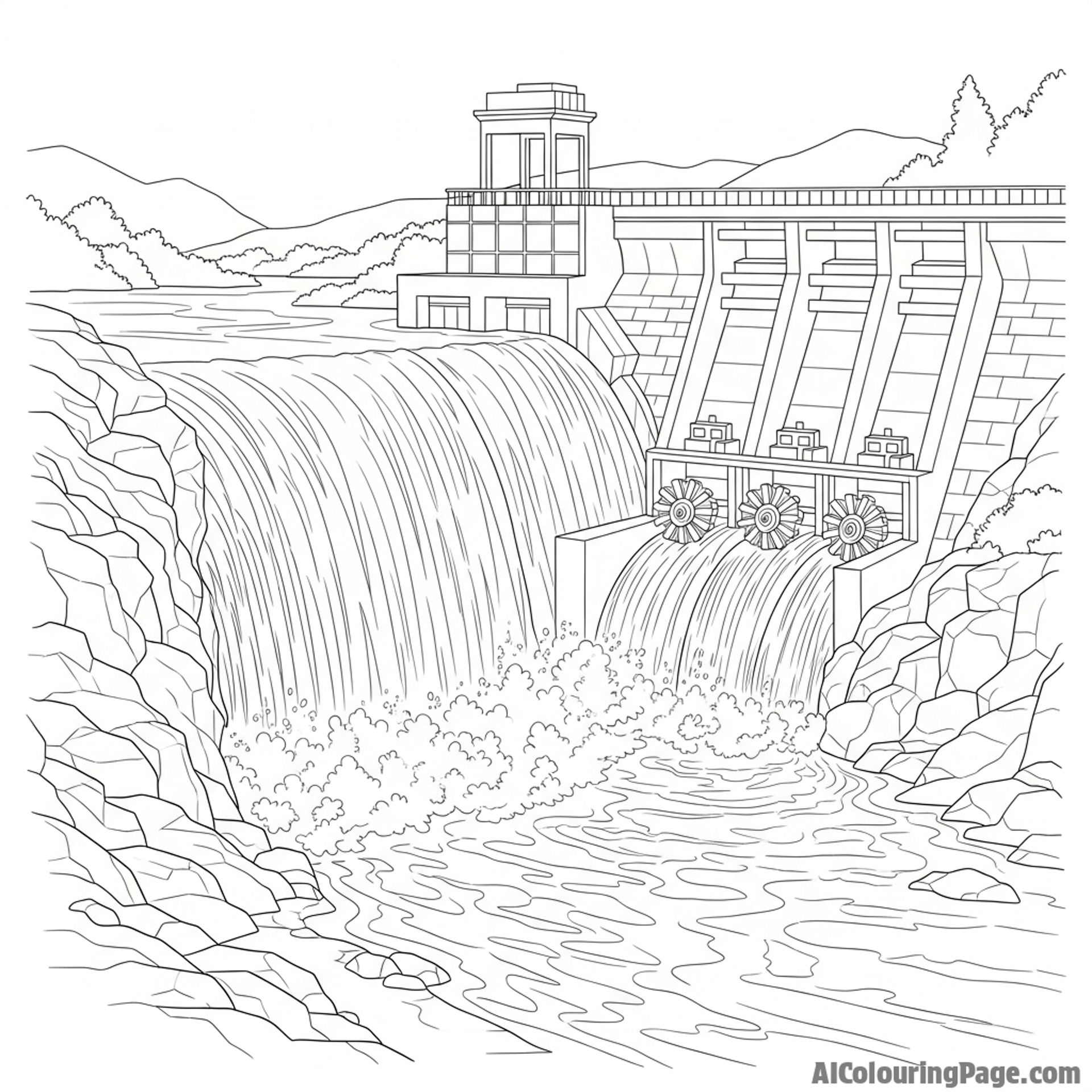 A waterfall powering a hydroelectric dam.