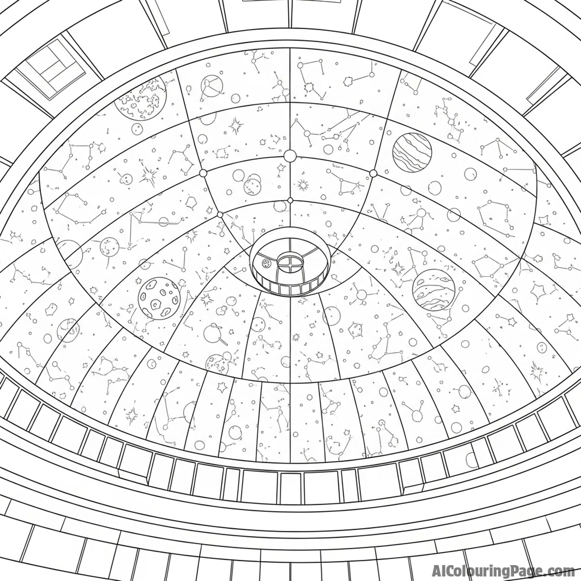 Night sky viewed from inside a domed planetarium.
