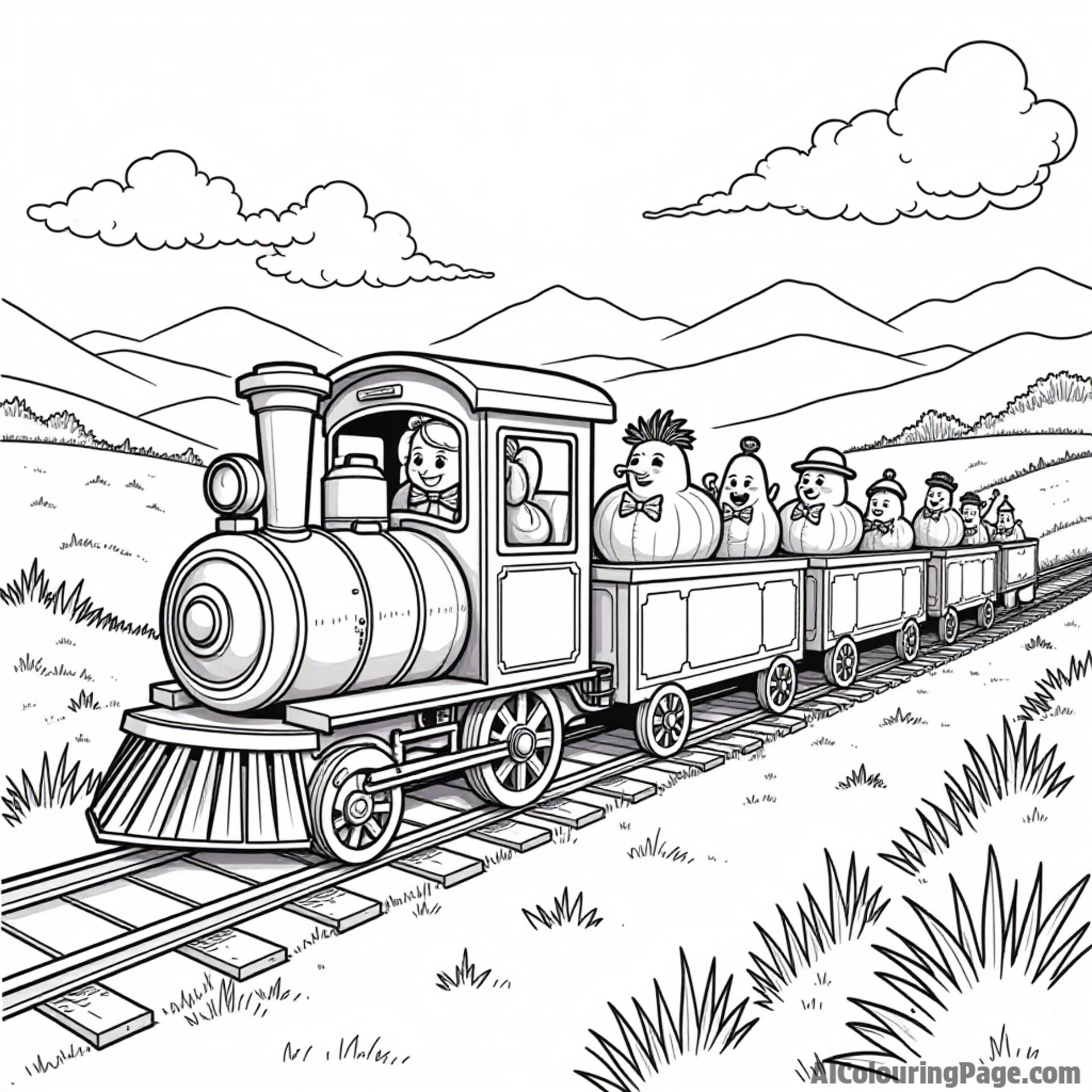 An imaginative carrot train traveling through a colorful countryside, with other vegetables as passengers enjoying the scenic view.
