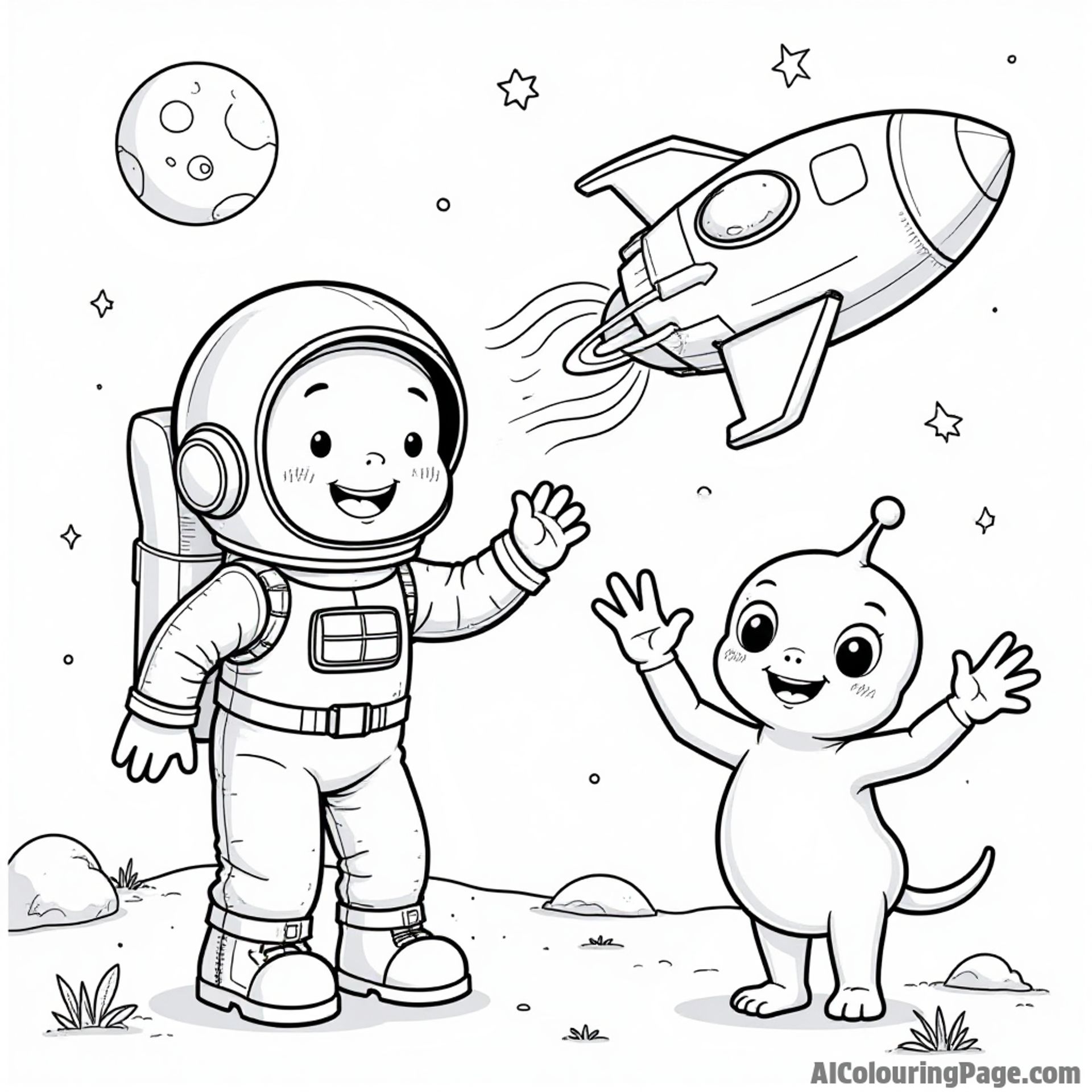A whimsical space scene with a friendly astronaut, a cheerful rocket ship, and a playful alien waving hello.