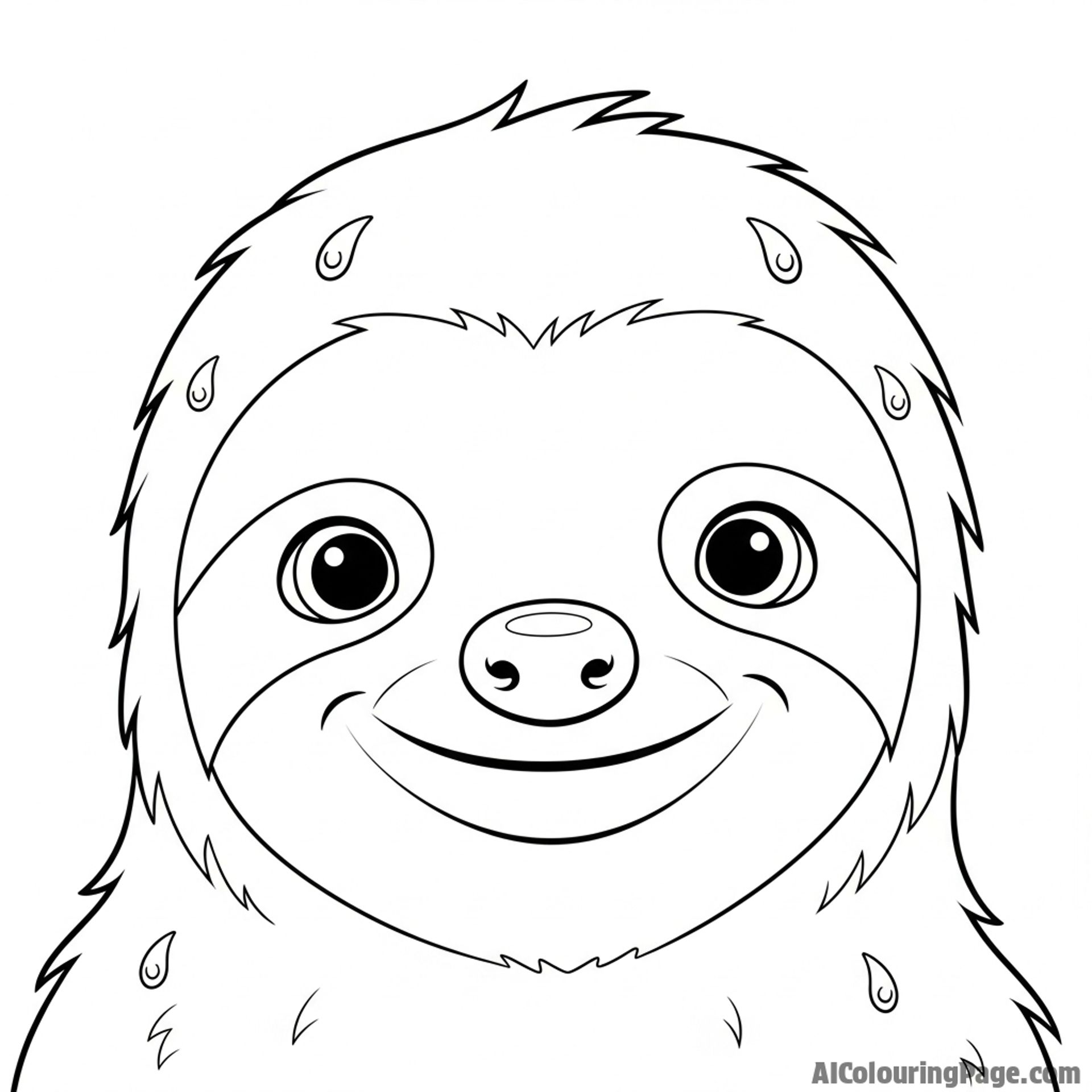 A close-up shot of a sloth's smiling face, with dewdrops on its fur.