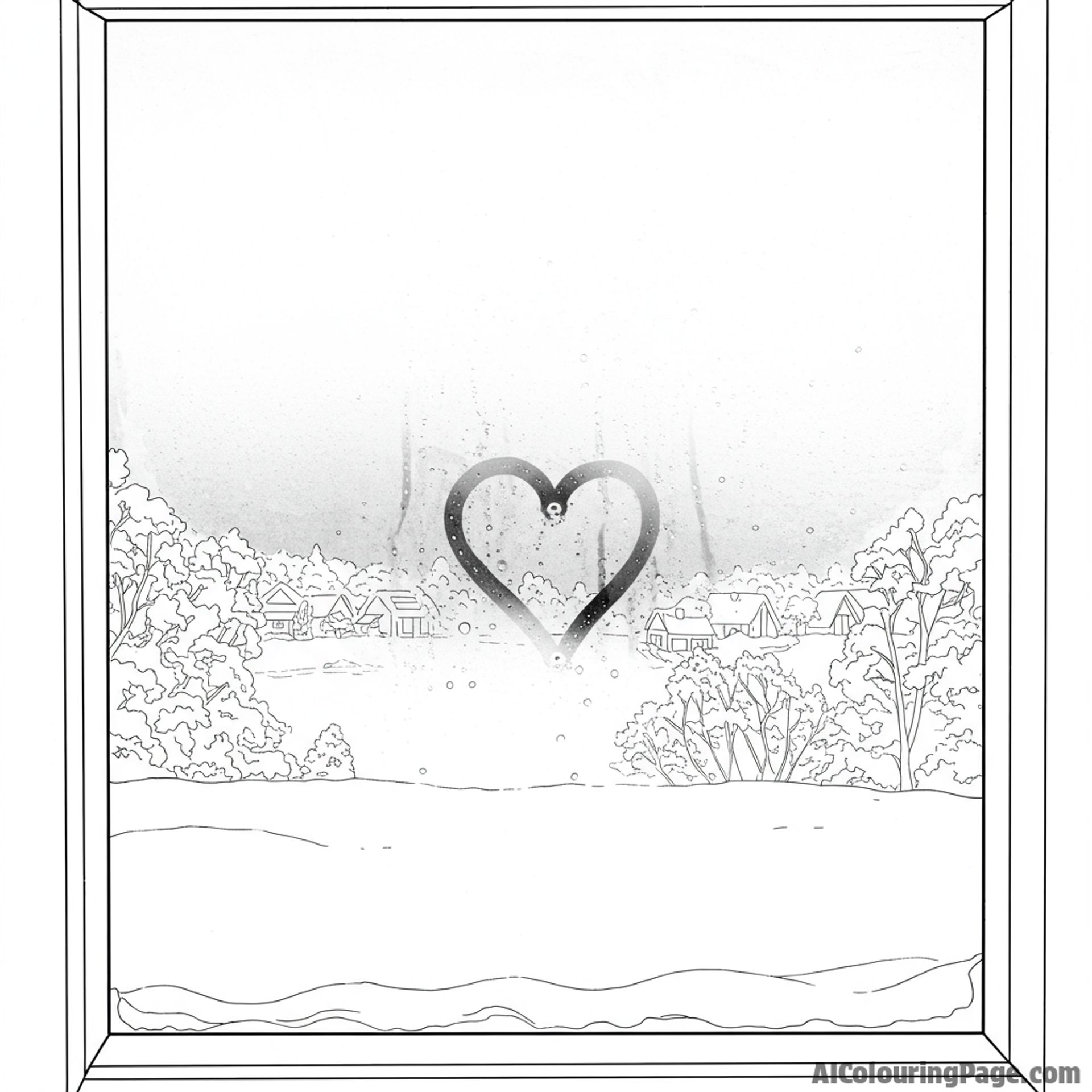 A window overlooking a snowy landscape, heart drawn in the condensation.