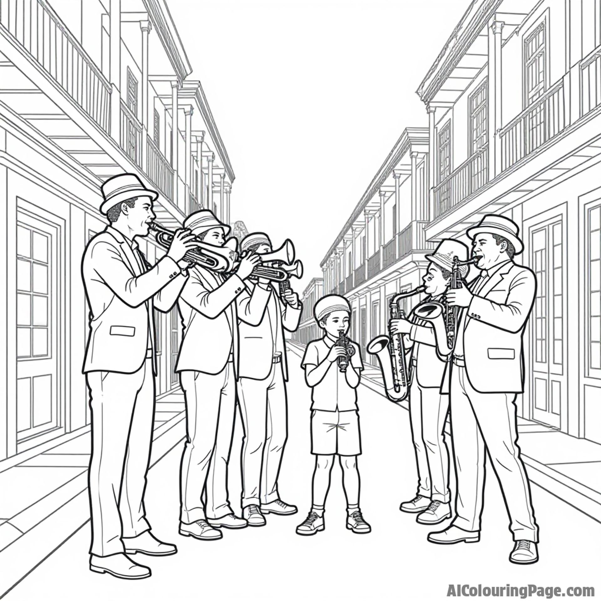 A jazz band playing on a lively street corner with trumpets, saxophones, and dancing children enjoying Louisiana music.