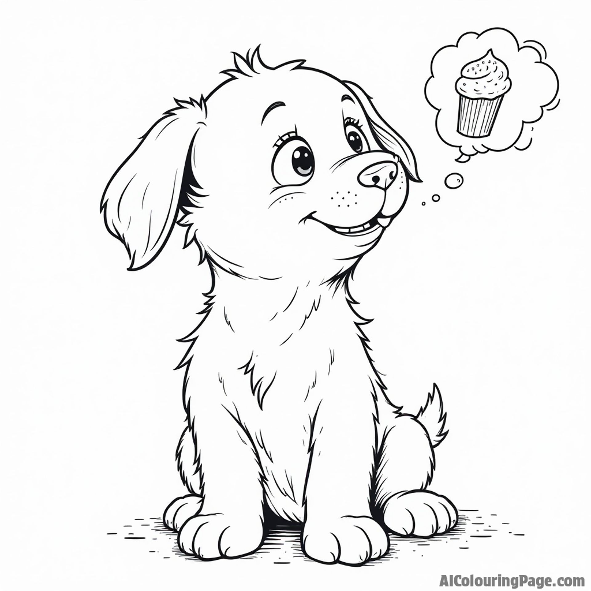 Puppy coloring page, dreaming of treats, thought bubble, funny expression.