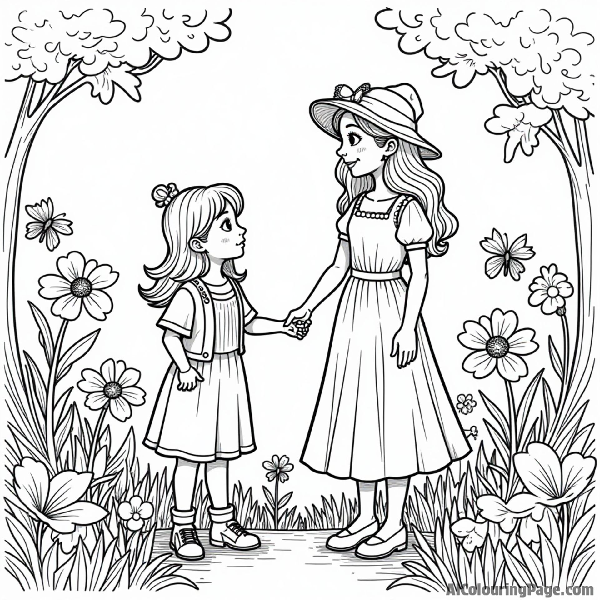 A ladybug and a lady holding hands, exploring a magical garden filled with vibrant flowers and friendly insects.