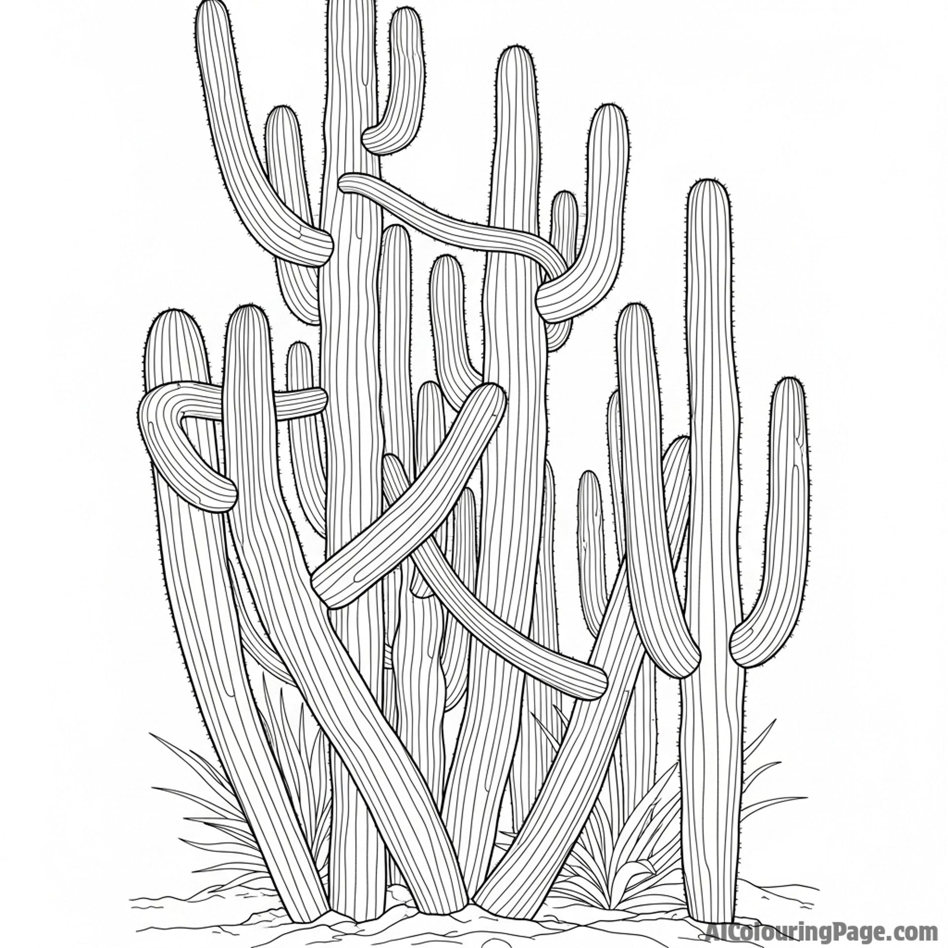 Desert cacti forest, towering figures, thorny embrace.