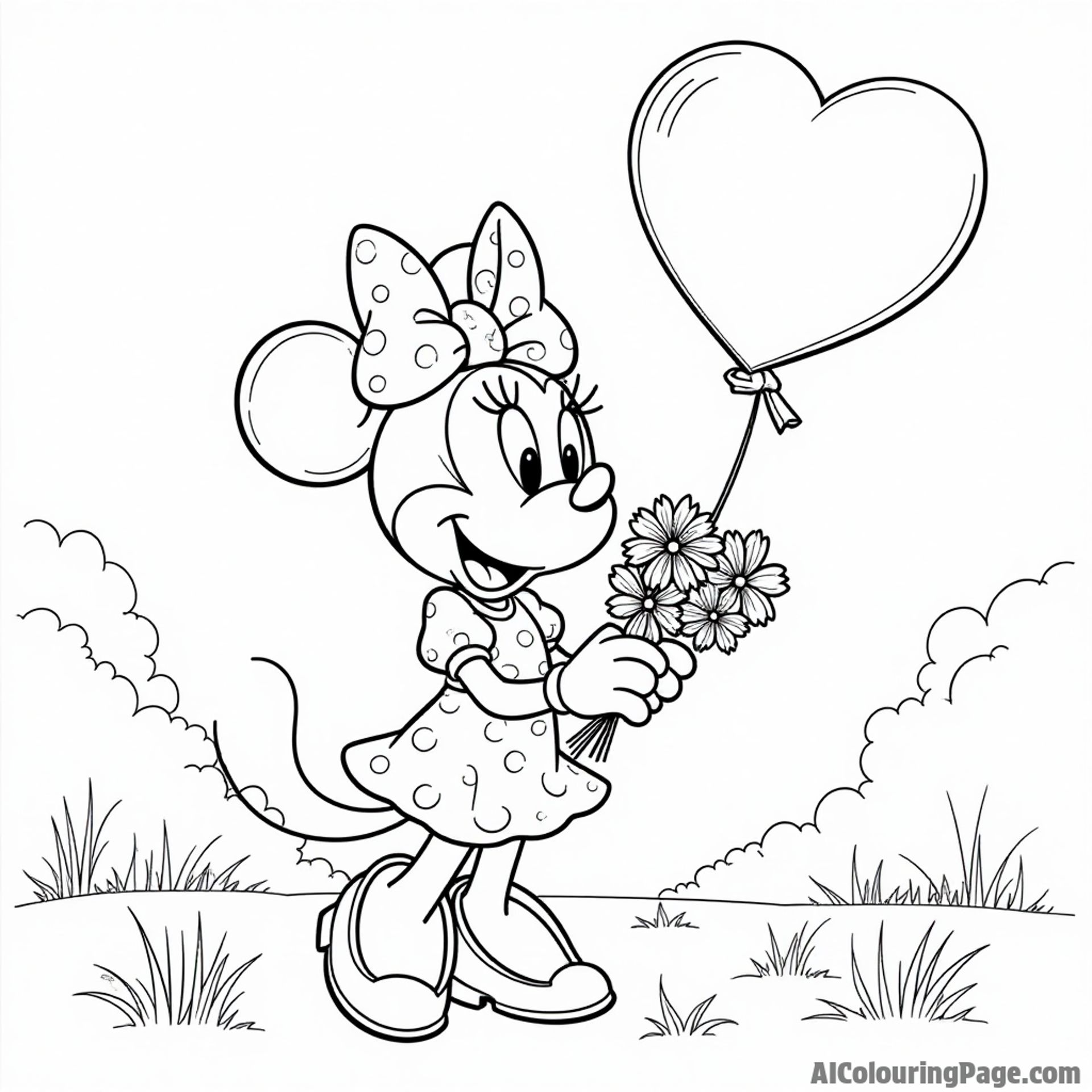 Minnie Mouse wearing a polka dot dress, holding a bouquet of flowers, standing under a large heart-shaped balloon in the park
