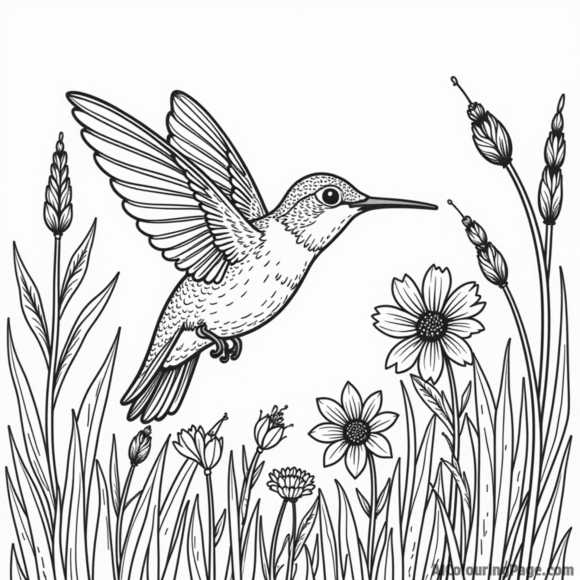 A hummingbird playing hide and seek among tall grass and wildflowers during a sunny day.