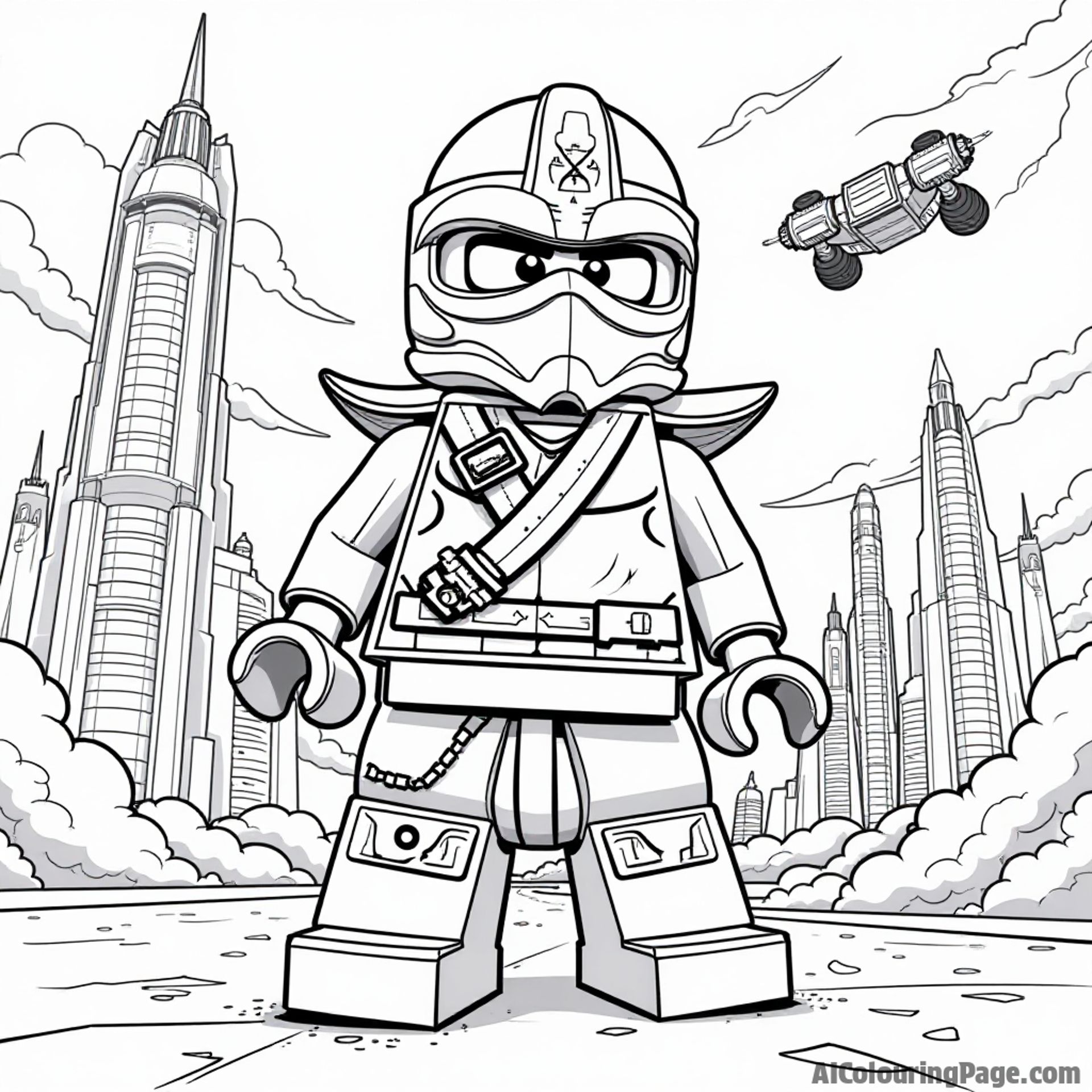 A Lego Ninjago robot guarding a futuristic city, with towering buildings and flying vehicles in the background, representing technology and adventure for an exciting black and white coloring page.