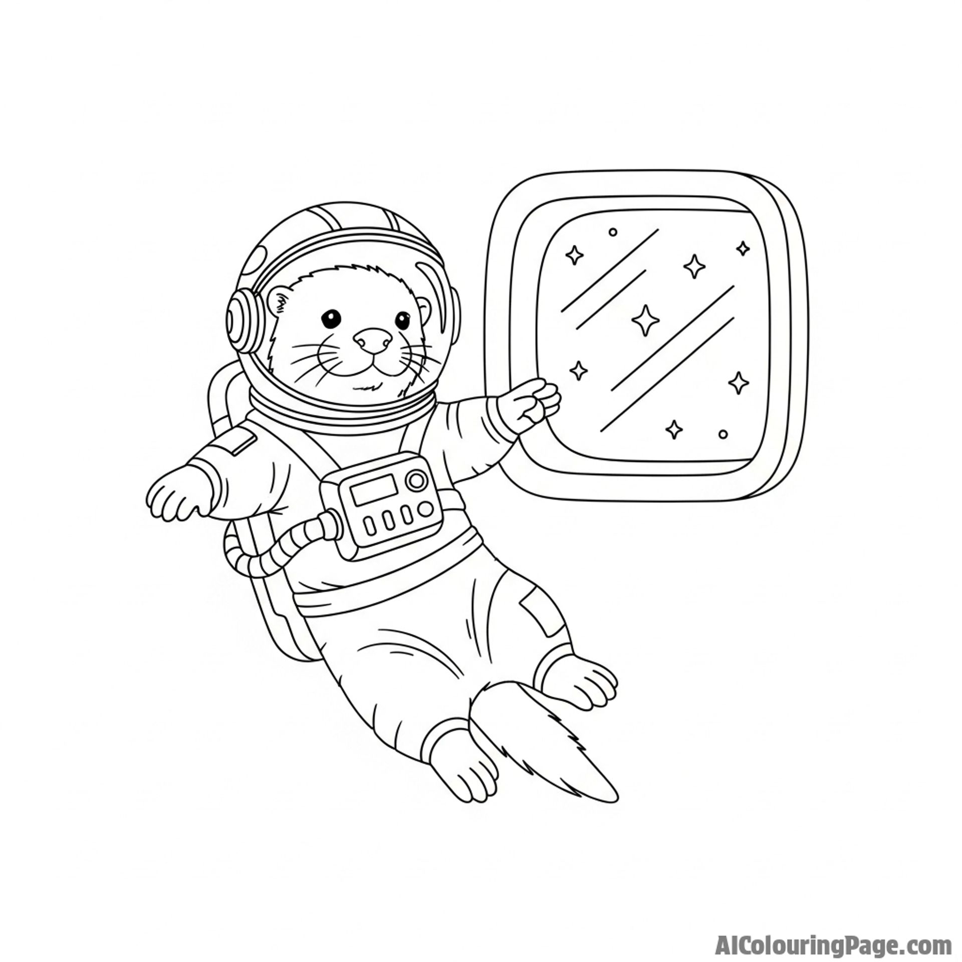 An otter astronaut floating in zero gravity next to the window of a spaceship.