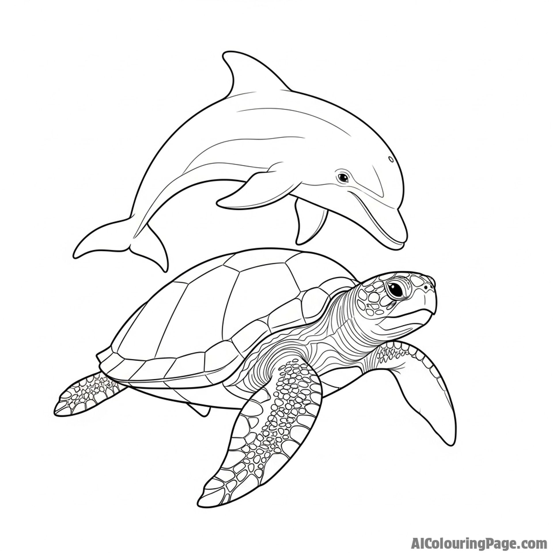 A dolphin playfully interacting with a large, ancient sea turtle.