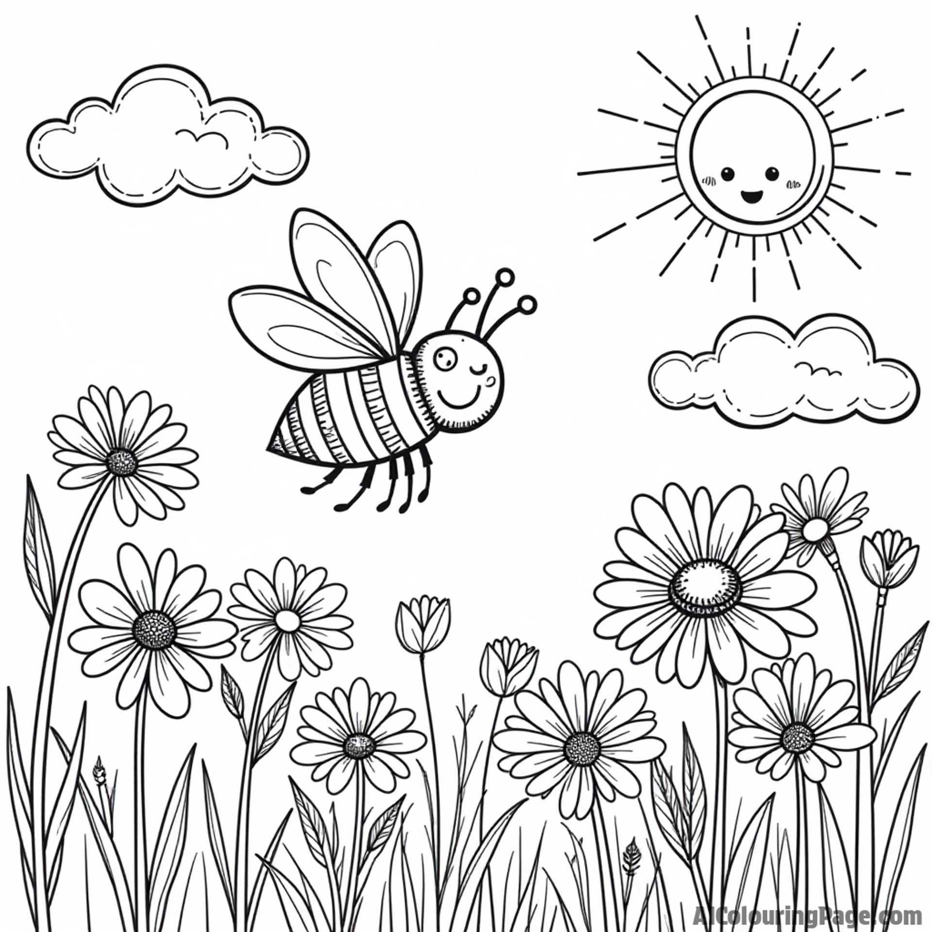 A bee flying through a field of daisies, with a smiling sun and fluffy clouds adding to the cheerful atmosphere.
