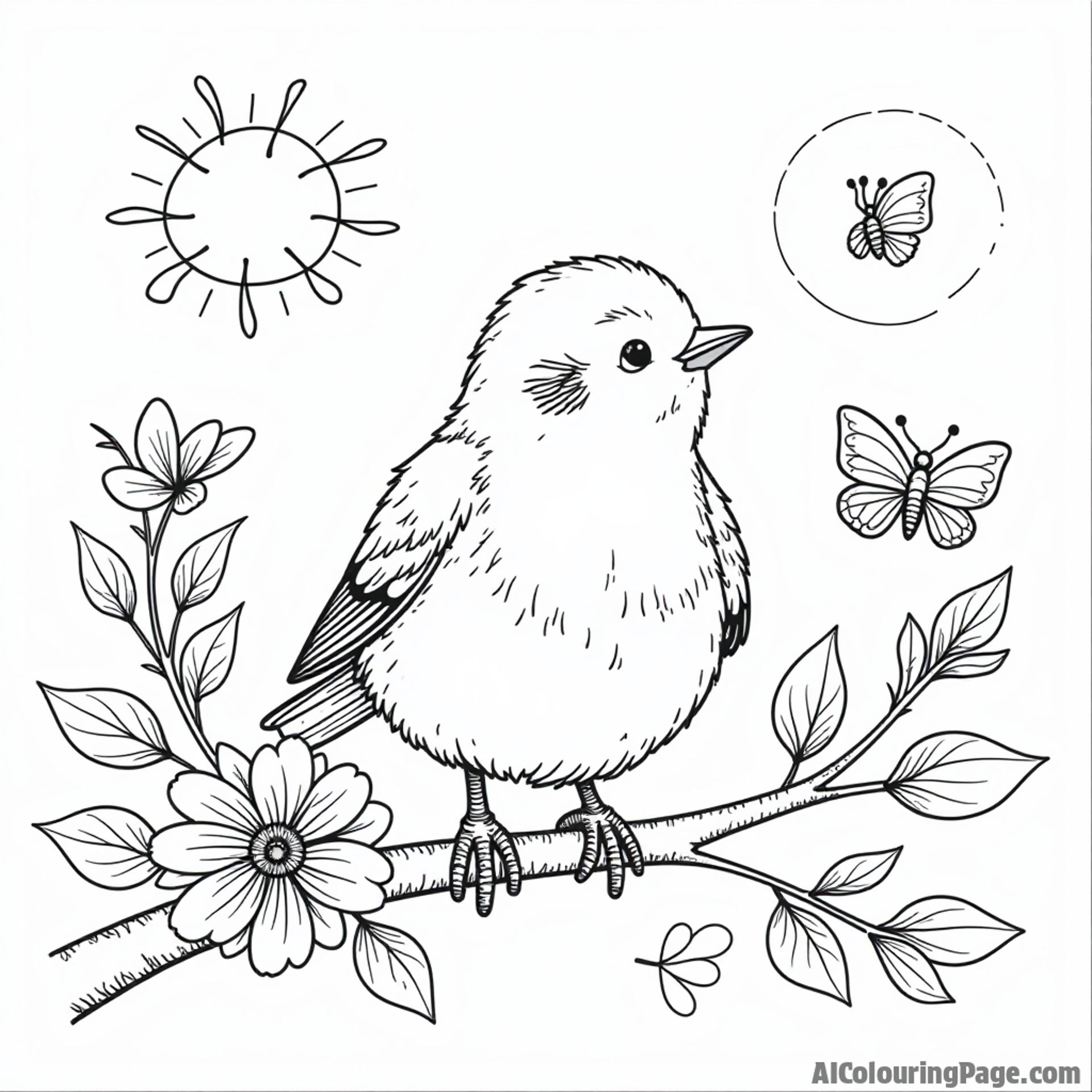 A cheerful robin perched on a branch with blooming flowers, surrounded by butterflies and a bright sun above, black and white.