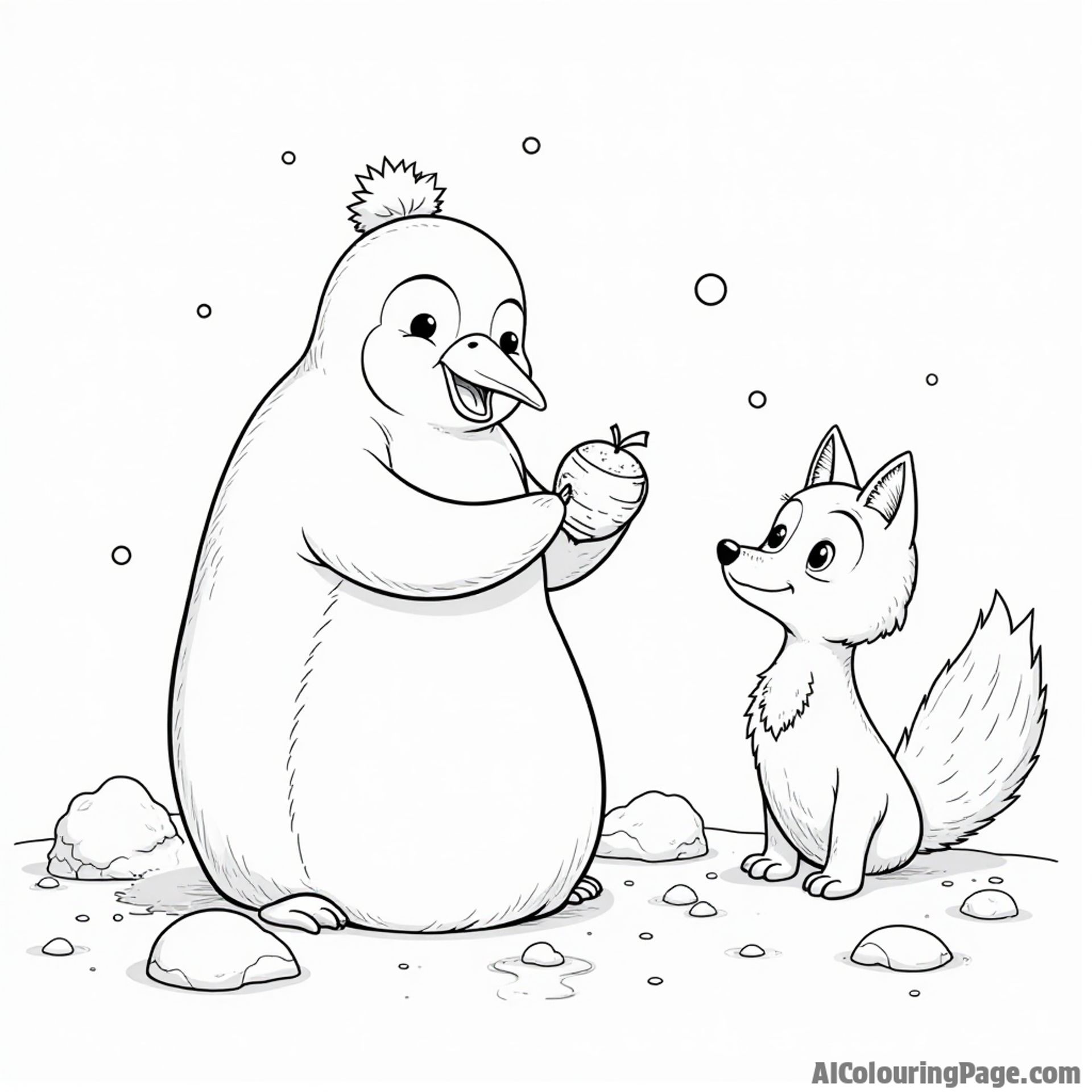 A penguin building a snowman with carrot nose while a curious fox watches from behind an icy rock.