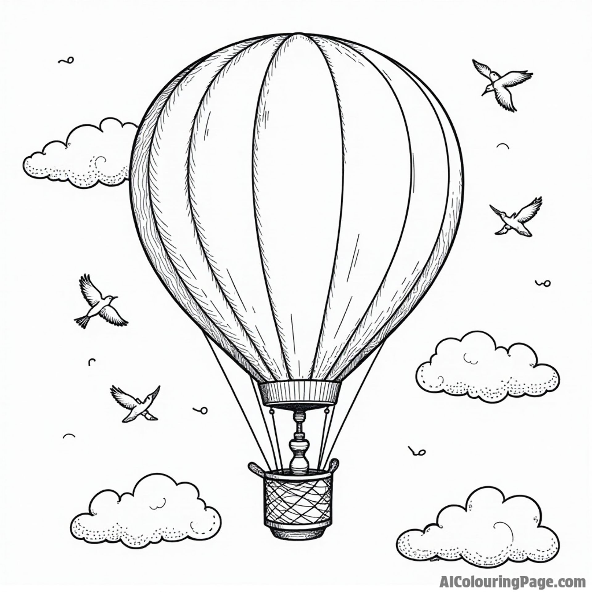 A whimsical hot air balloon floating in the sky, surrounded by fluffy clouds and birds, inviting adventure and exploration.