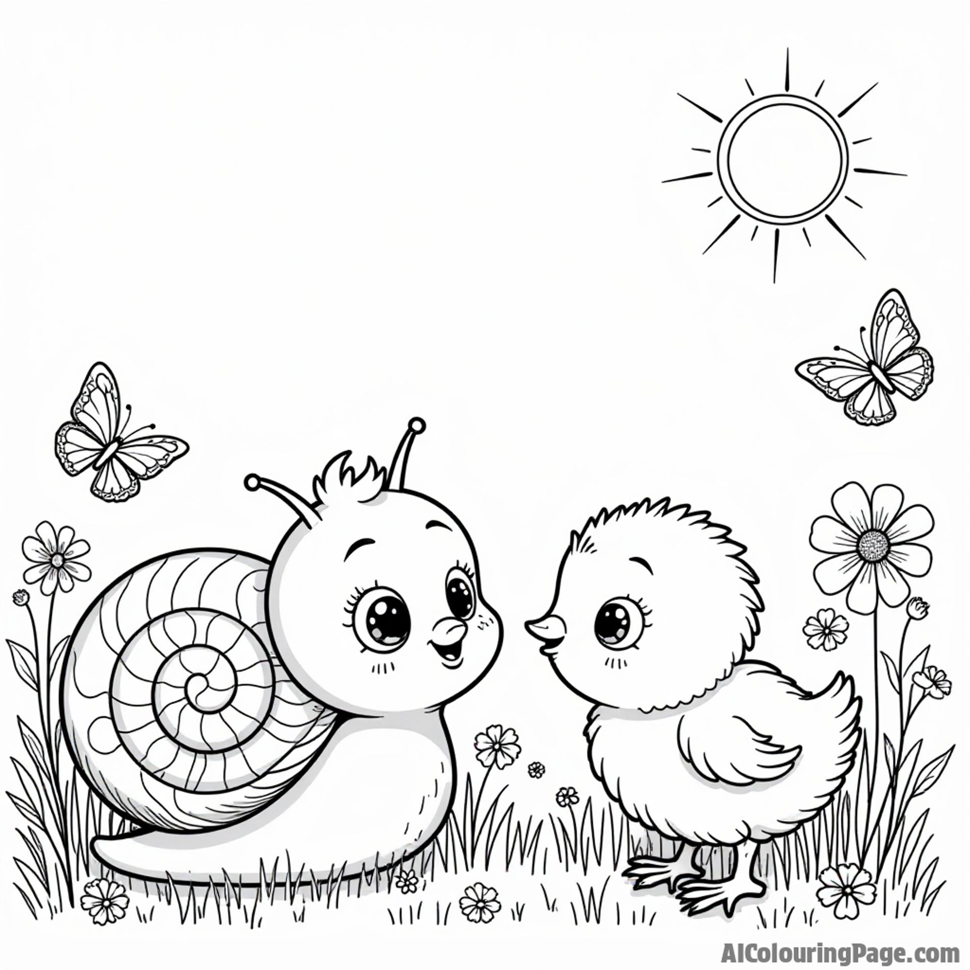 A snail and a chick playing together in a sunny meadow, with colorful flowers and butterflies dancing around.
