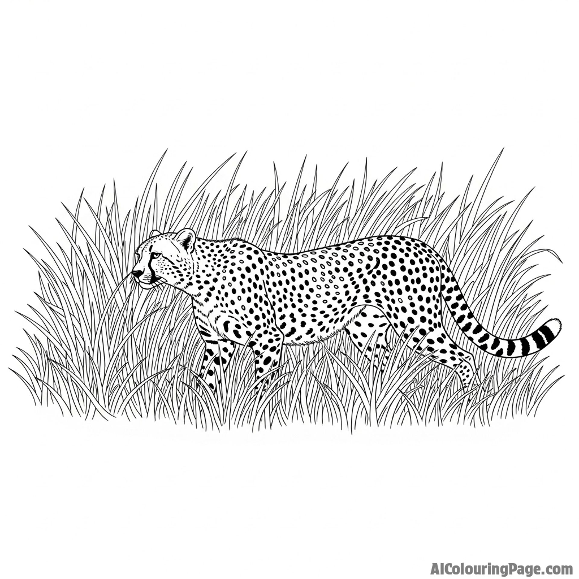 A low-angle shot of a cheetah stalking through dense, tall grass.