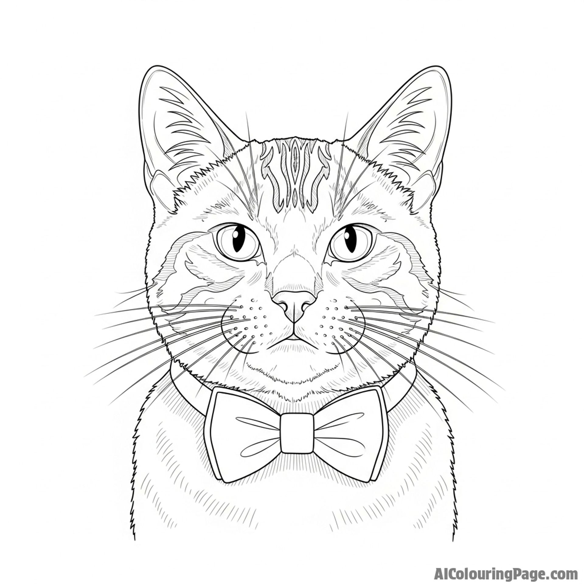 A formal portrait of a cat wearing a bow tie.