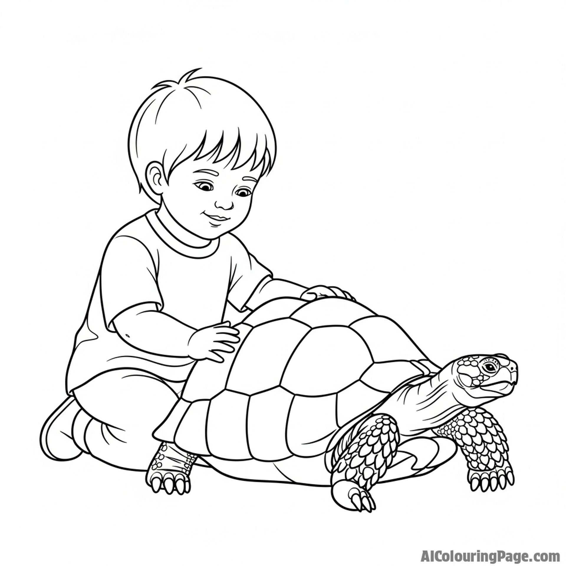 A child gently touching the shell of a large tortoise.