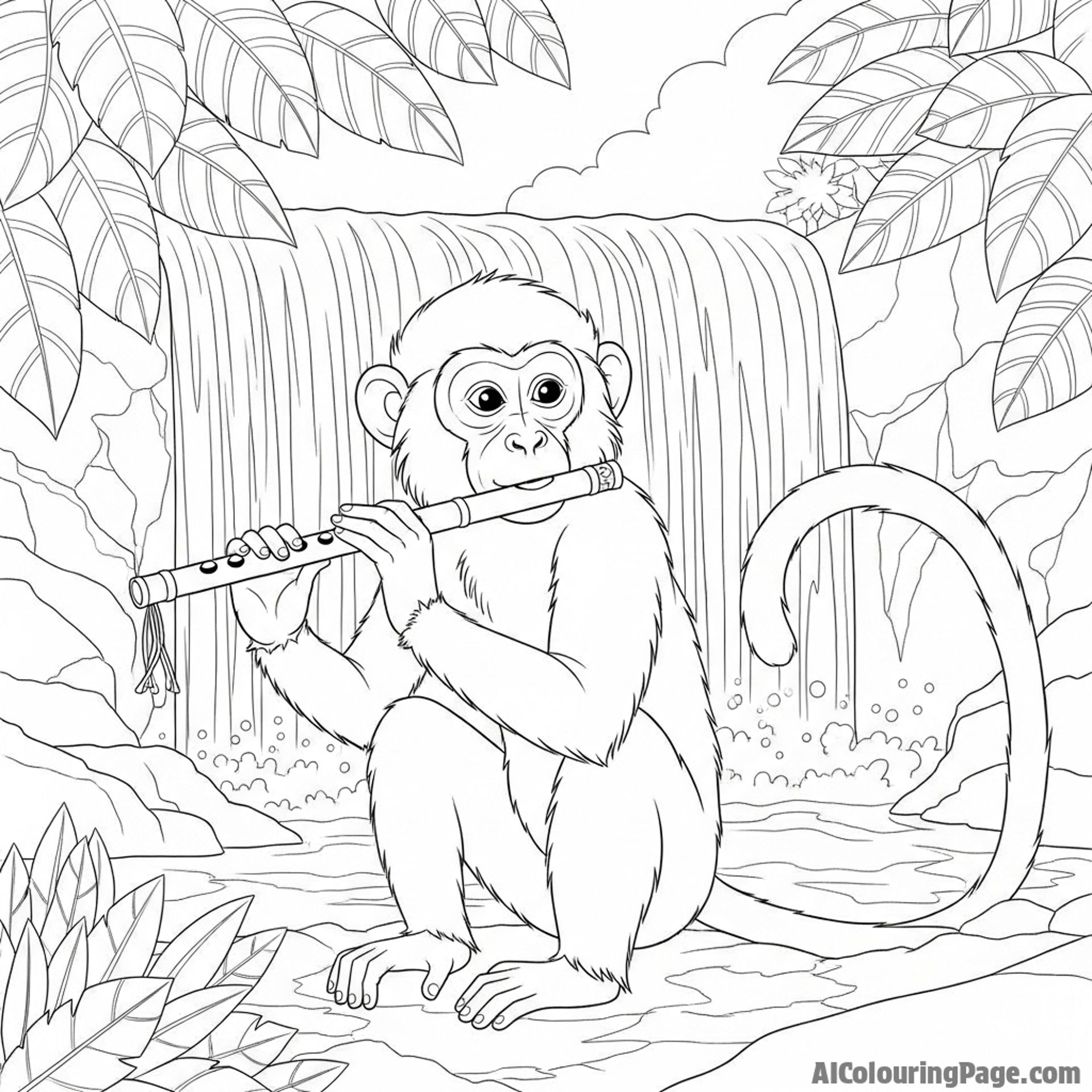 A monkey playing a small, handcrafted flute by a waterfall.