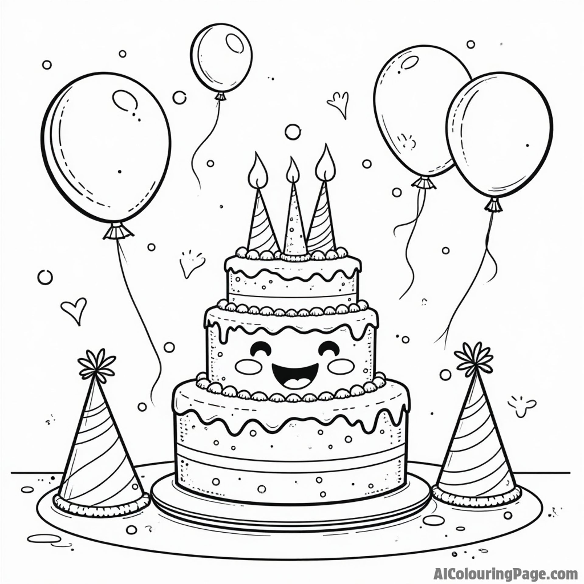 A fun birthday party scene with a cheerful cake character, playful balloons floating, and excited party hats on a table.