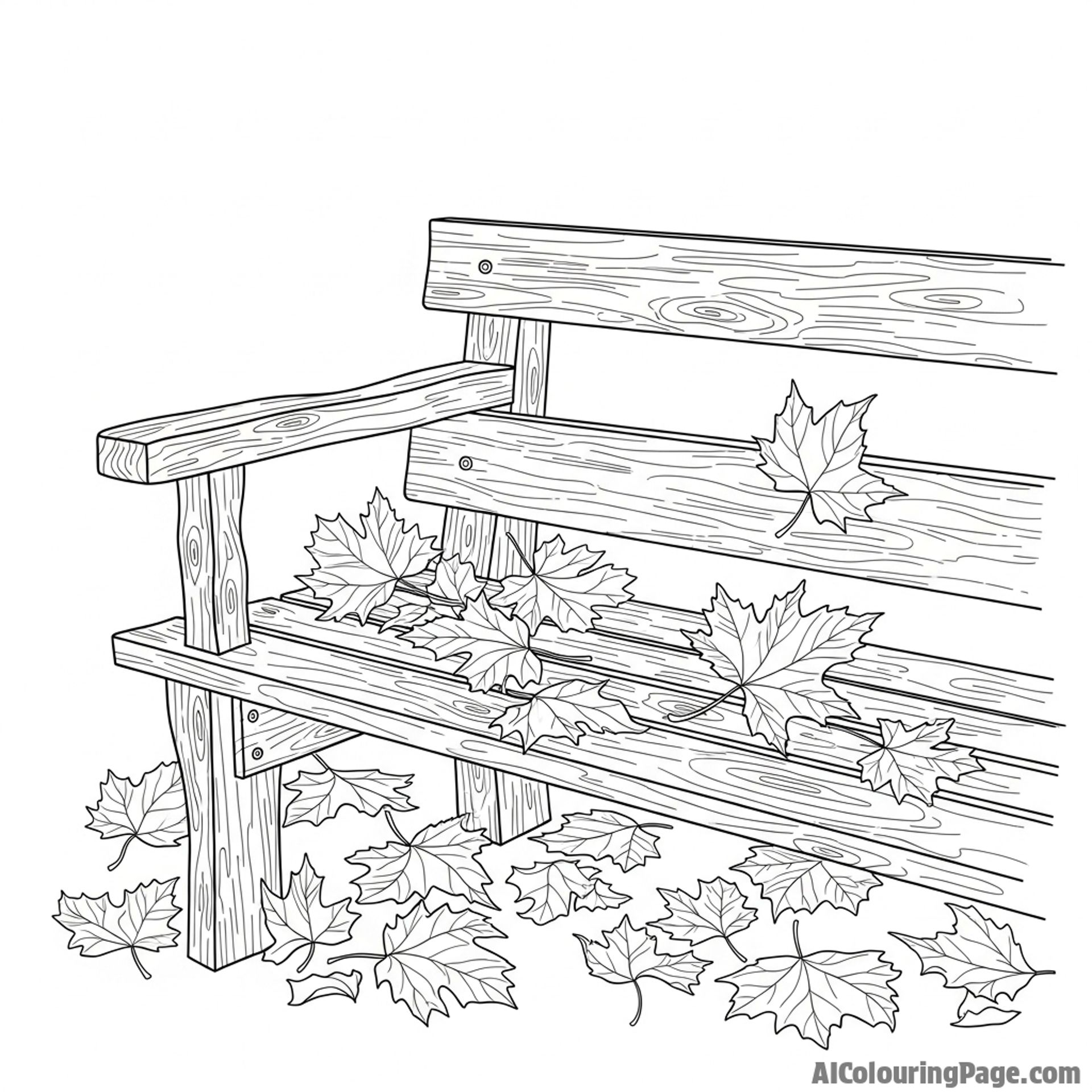 An old wooden bench partially covered with fallen leaves.