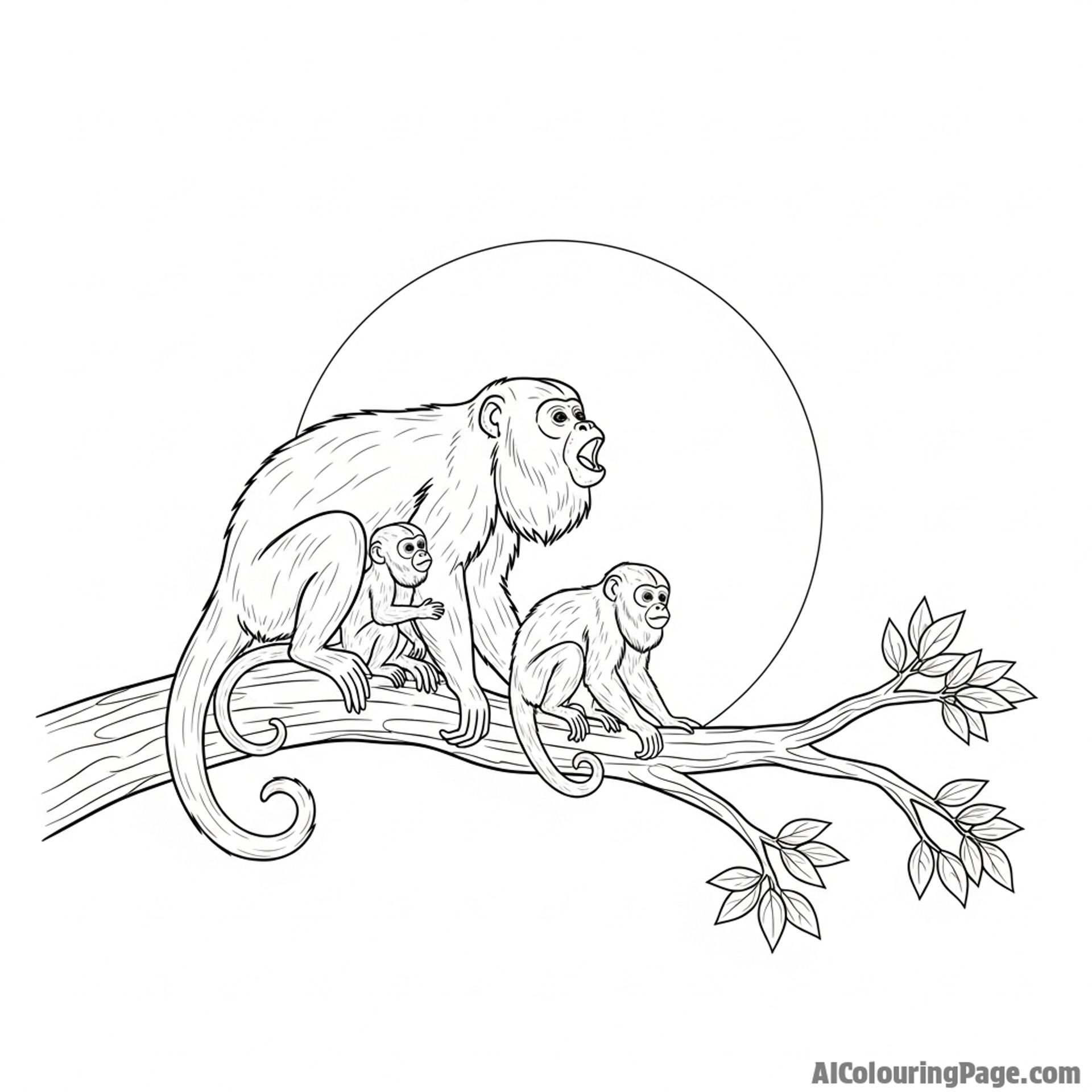 A family of howler monkeys silhouetted against a full moon.