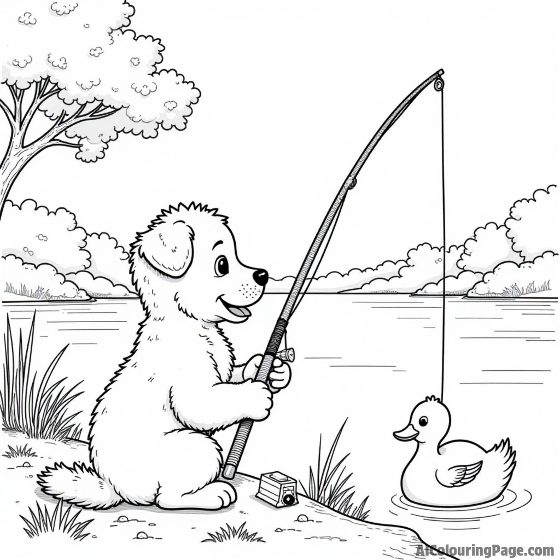 A puppy fishing by a serene lake, with a fishing rod, tackle box, and a friendly duck swimming nearby.