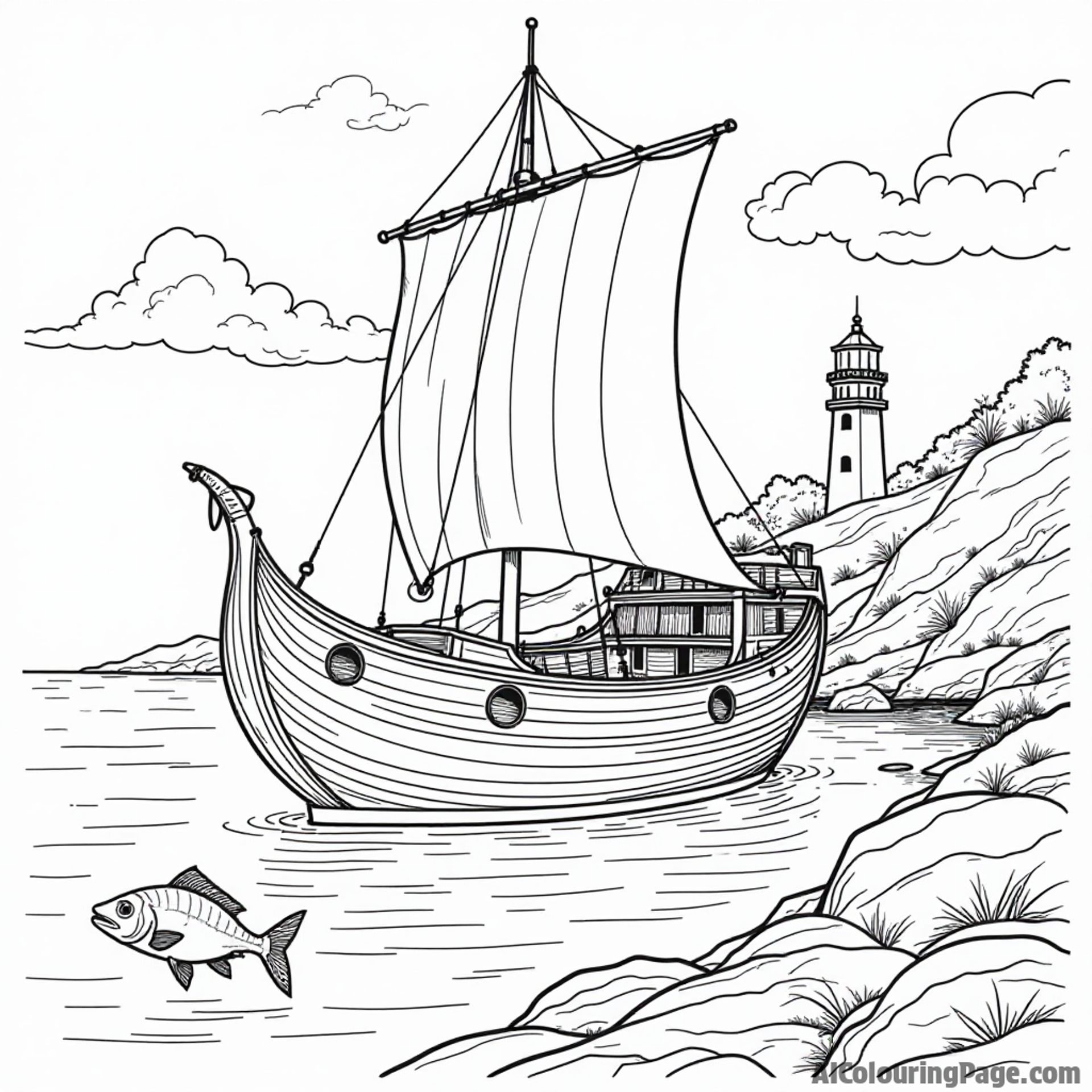 A majestic Viking longship docked at a serene harbor, with fish jumping in the water and a lighthouse in the background, creating a peaceful yet adventurous coloring scene.